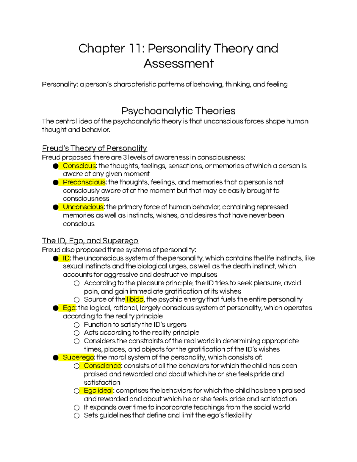 Psychology Chapter 11 Textbook Notes - Chapter 11: Personality Theory ...