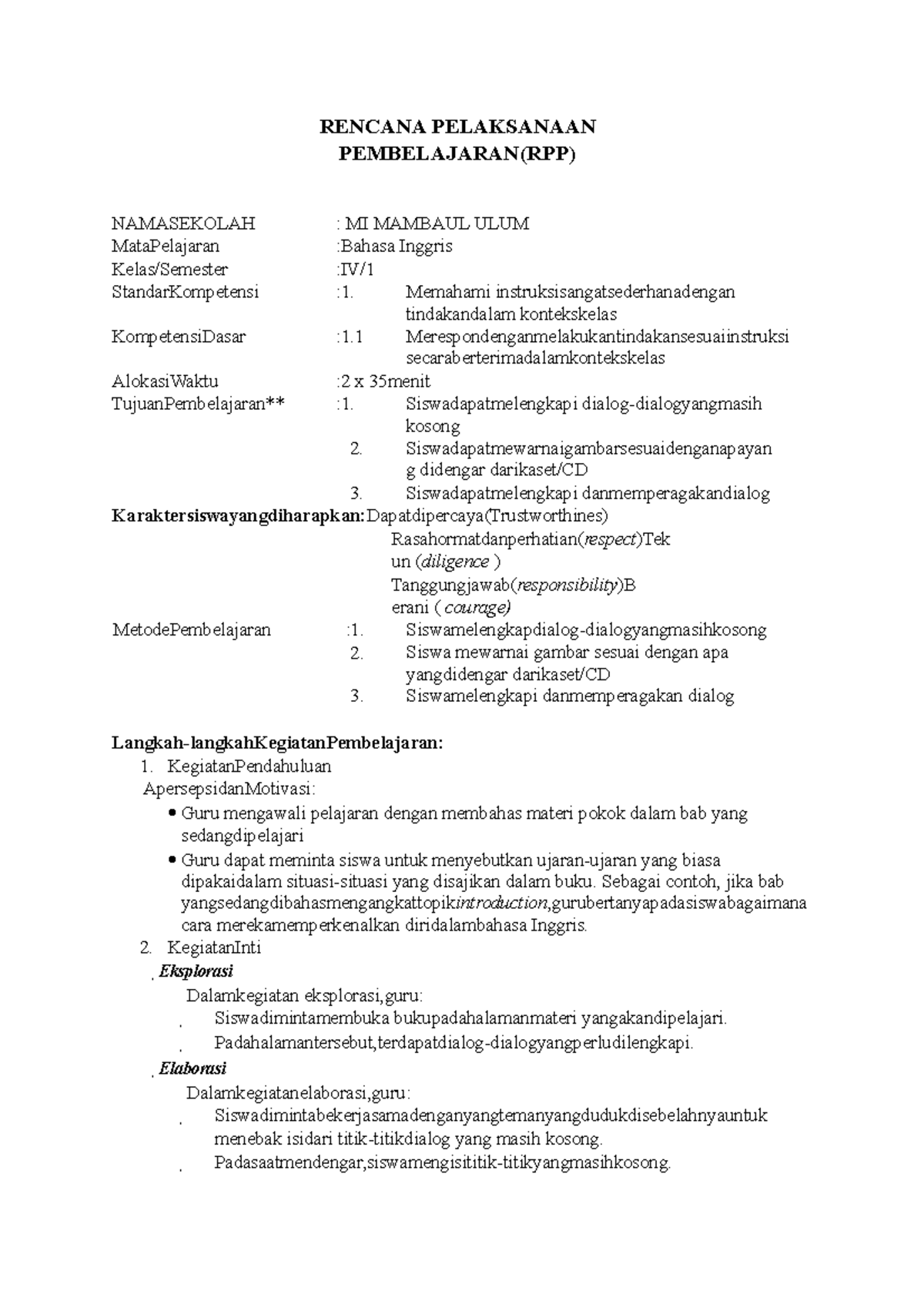 RPP B Inggris Aku - RENCANA PELAKSANAAN PEMBELAJARAN(RPP) NAMASEKOLAH ...