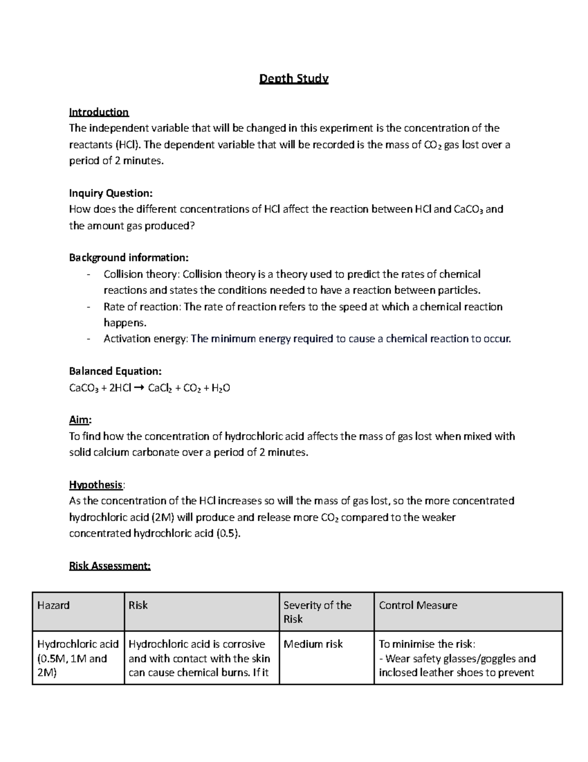Chem Depth Study - Google Docs - Depth Study Introduction The ...