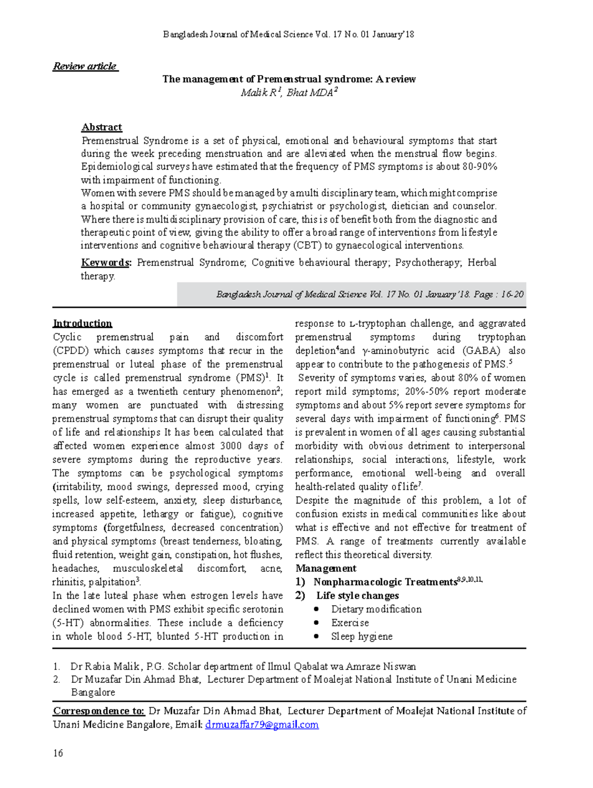 The management of Premenstrual syndrome A review Bangladesh Journal