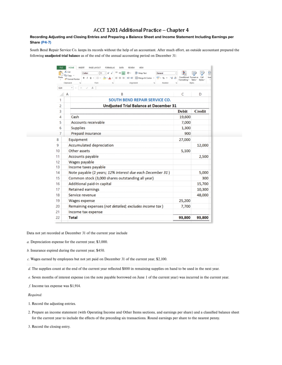 ACCT 1201 Chapter 4 Additional Practice - ACCT 1201 Additional Practice ...
