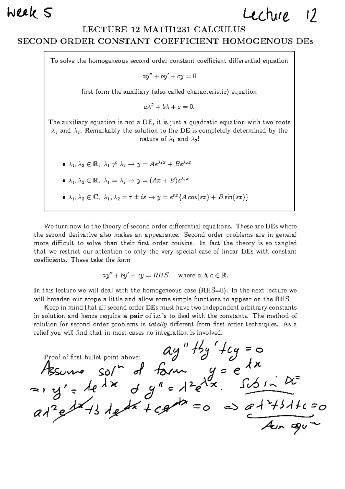 Calculus Lecture 12 Second Order Homogeneous DEs (Solutions) - 2020/21 ...
