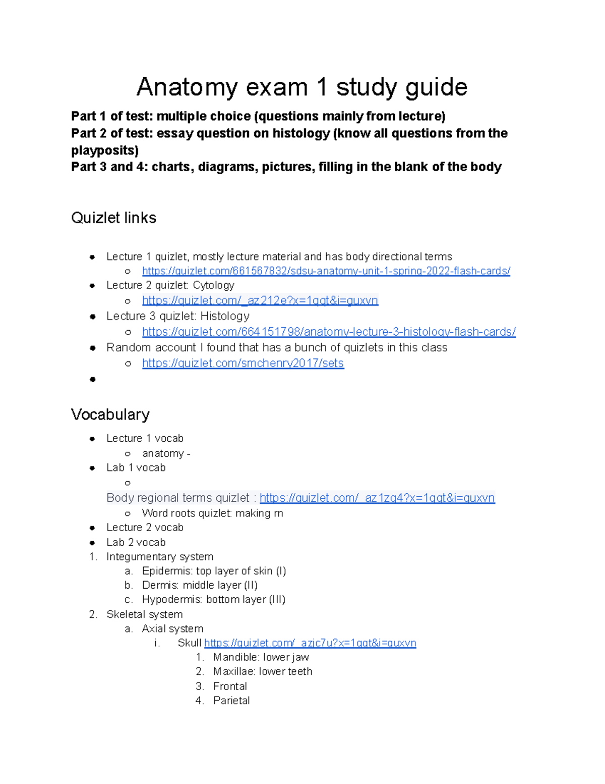 Anatomy Exam 1 Study Guide - Anatomy Exam 1 Study Guide Part 1 Of Test ...