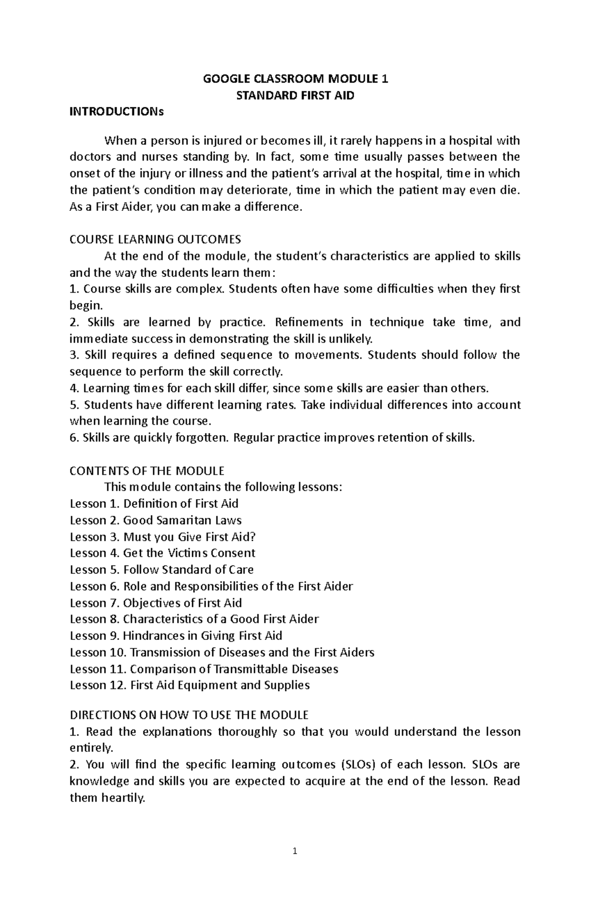 Module 1 Standard First AID GOOGLE CLASSROOM MODULE 1 STANDARD FIRST