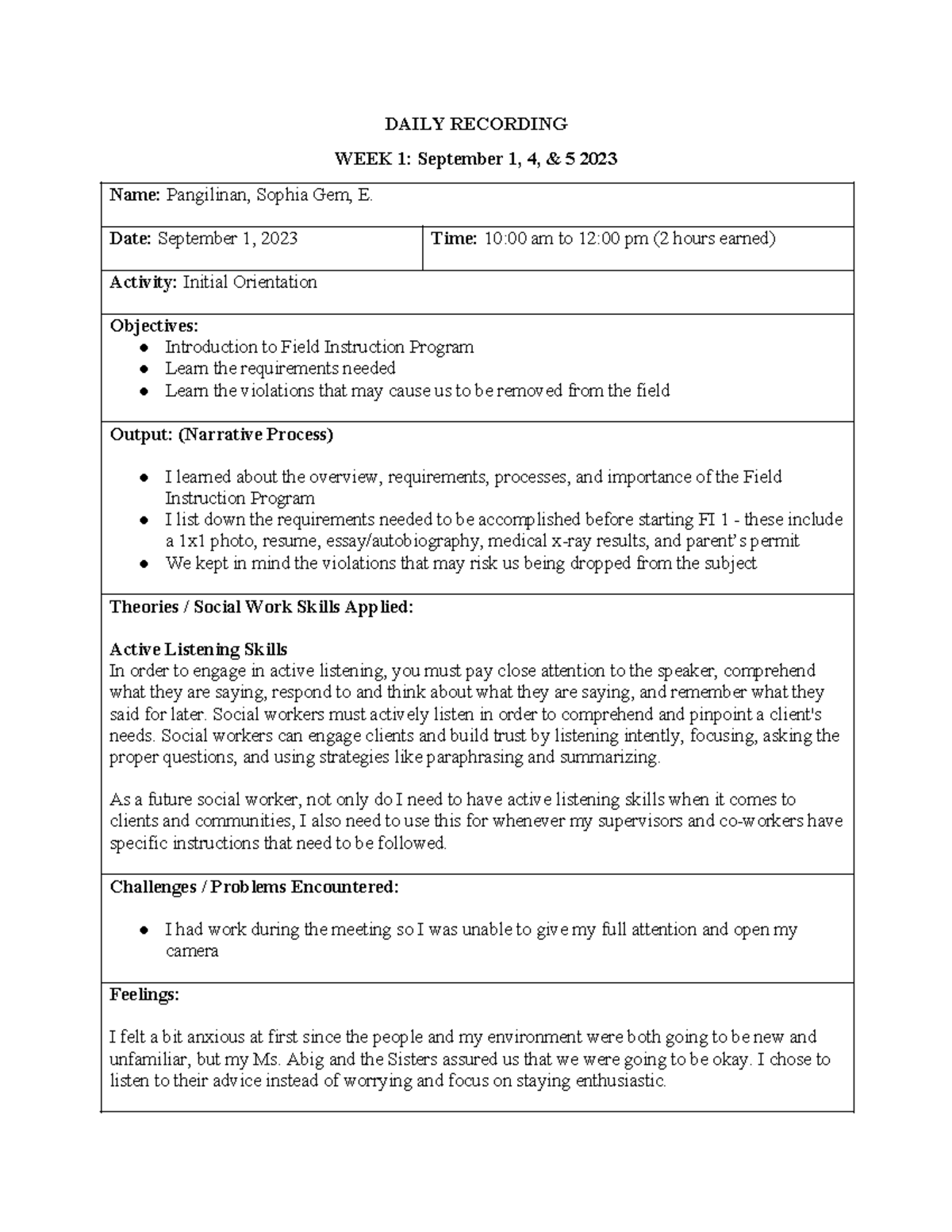 Daily Journal FI 1 - DAILY RECORDING WEEK 1: September 1, 4, & 5 2023 ...