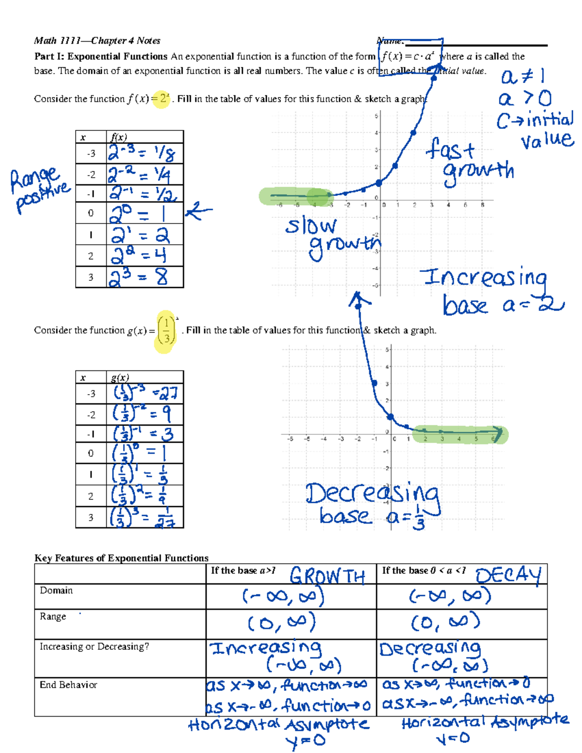 Exponential Functions Solutions - Math 1111—chapter 4 Notes Name: Part 