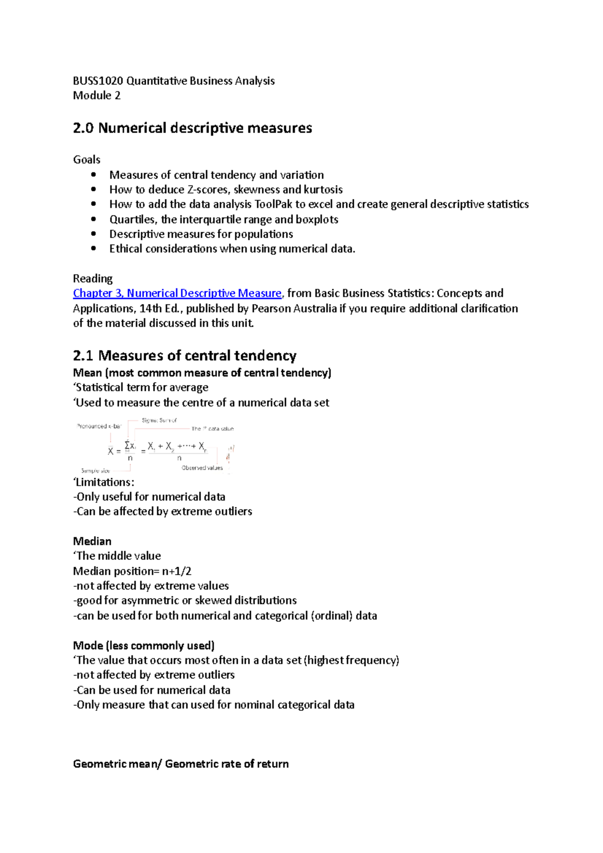 Module 2 notes - BUSS1020 Quantitative Business Analysis Module 2 2 ...