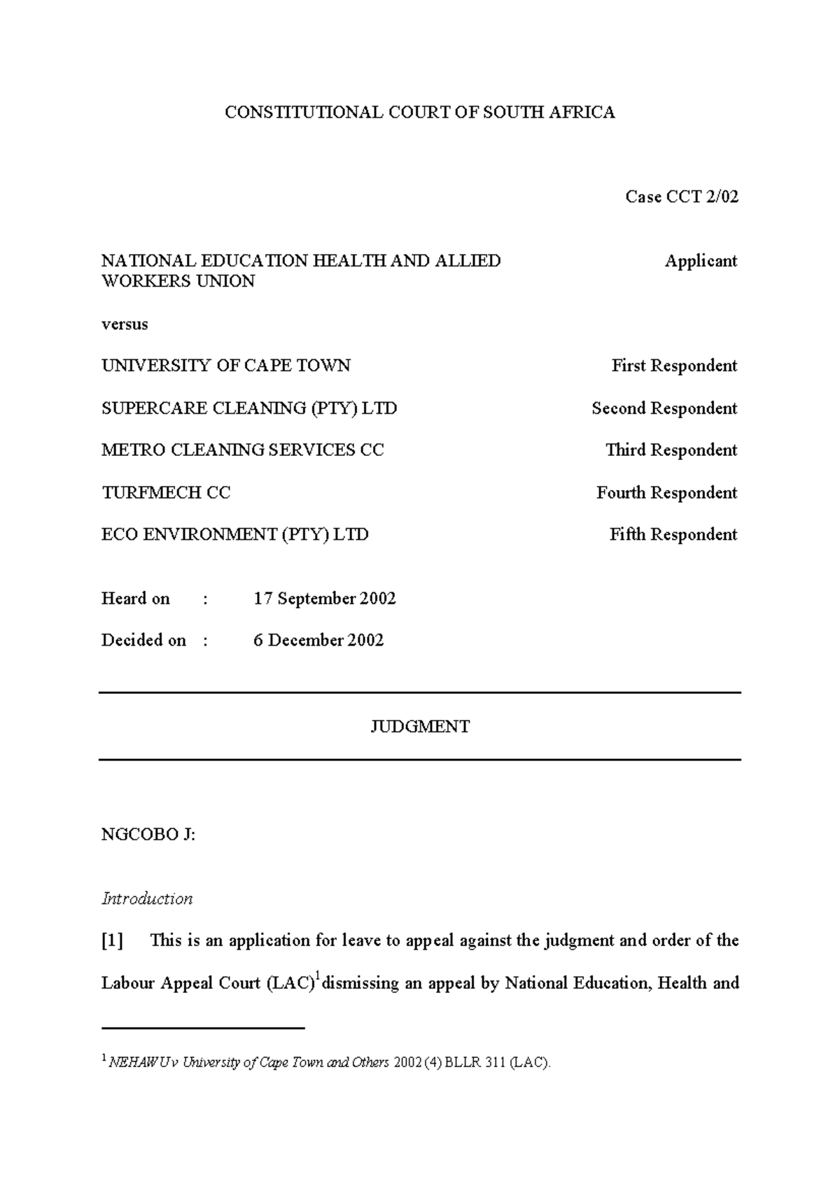 Nehawu v UCT - prescribed case for mrl3702 - CONSTITUTIONAL COURT OF ...