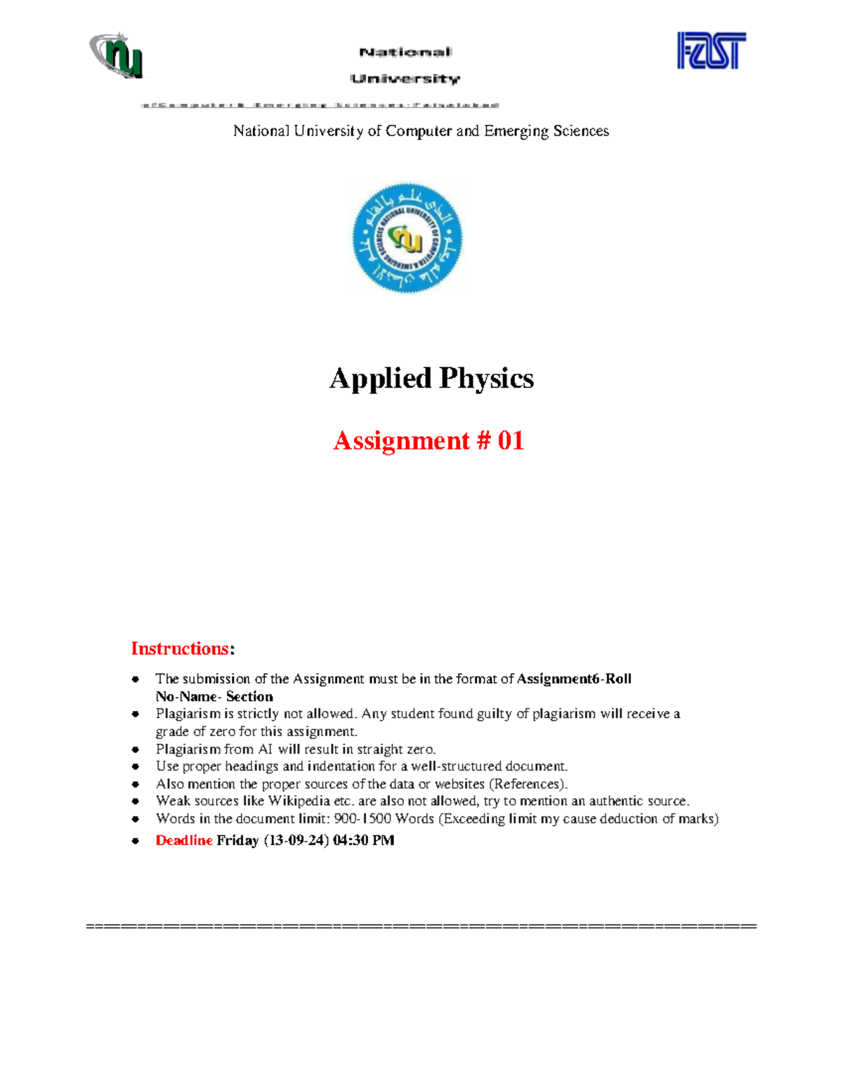 AP Assignment-01 - it is a physics assignment - National University of ...