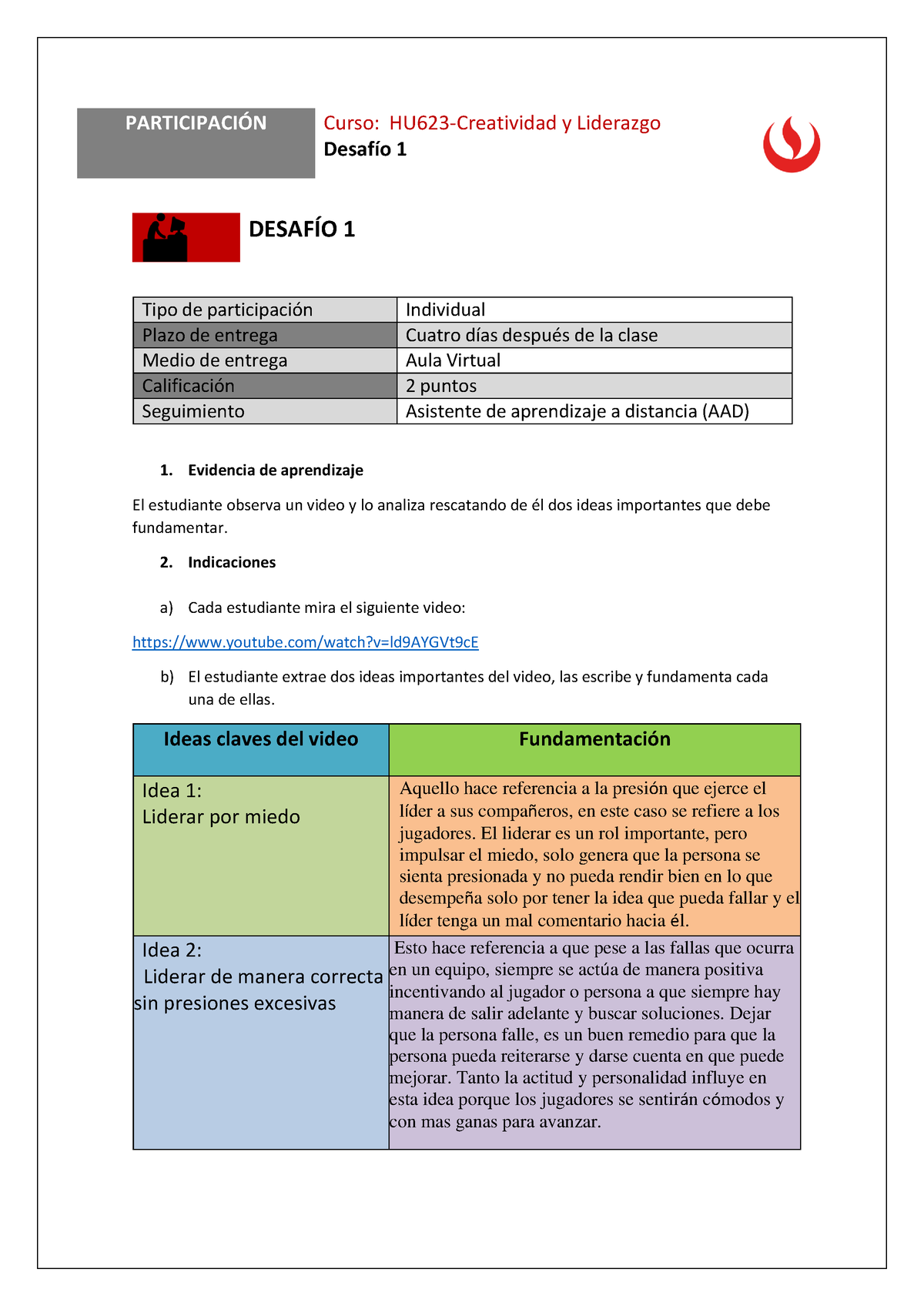 Desafío 1 - Creatividad Y Liderazgo - 1X1C - PARTICIPACI”N Curso: HU623 ...