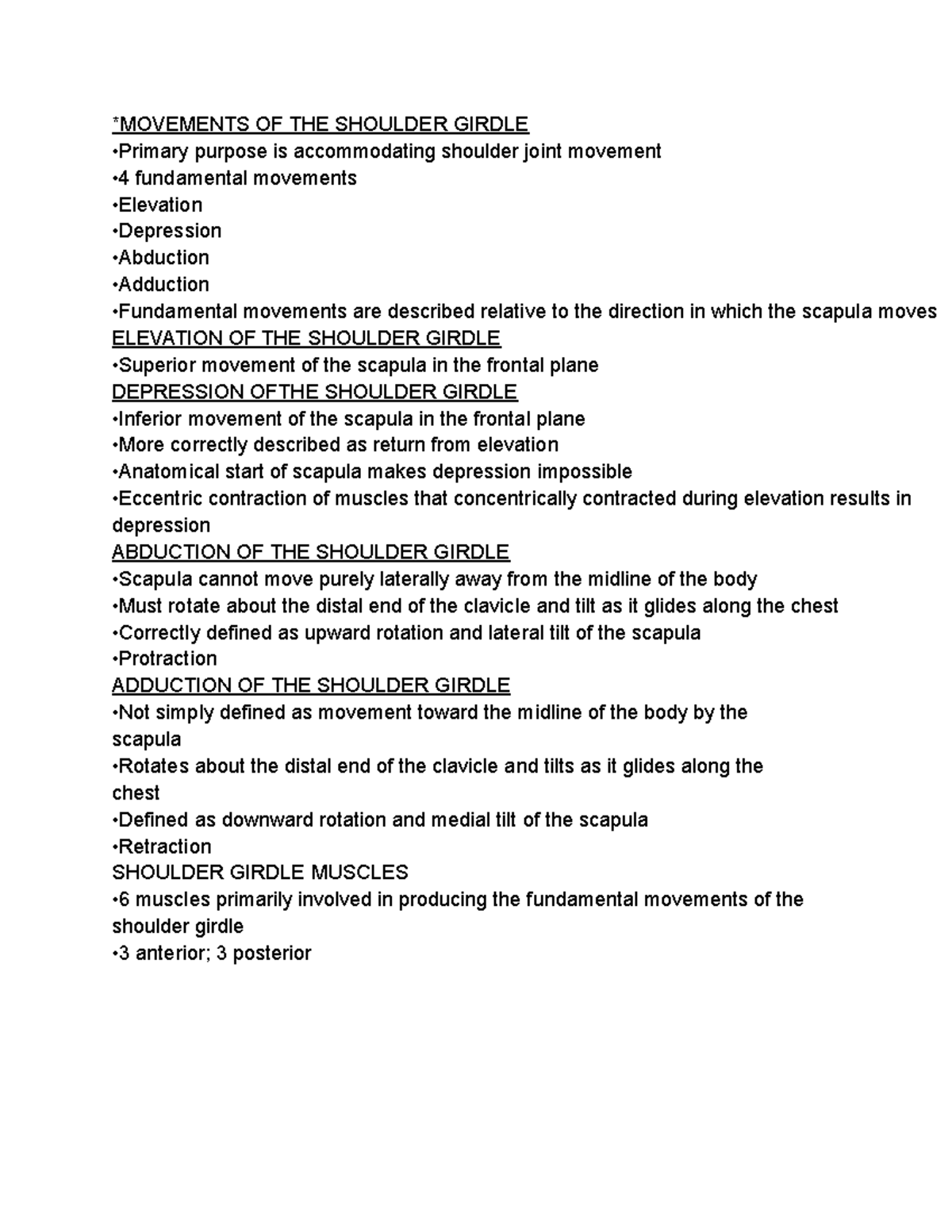Chapter 3 part 2 *MOVEMENTS OF THE SHOULDER GIRDLE •Primary purpose