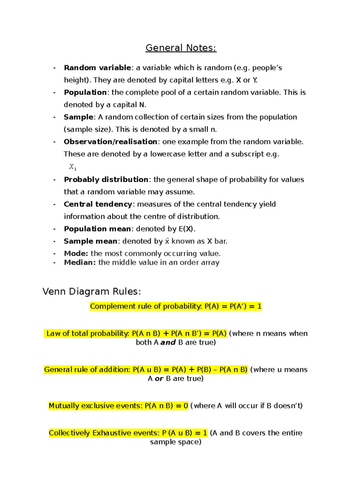 Business Statistics Midsem Exam Notes - General Notes: Random variable ...