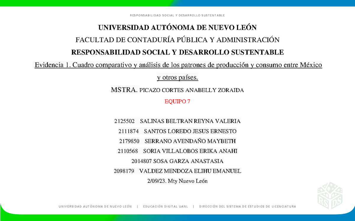 Evidencia 1 RSy DS 1 Equipo 7 - UNIVERSIDAD AUTÓNOMA DE NUEVO LEÓN ...