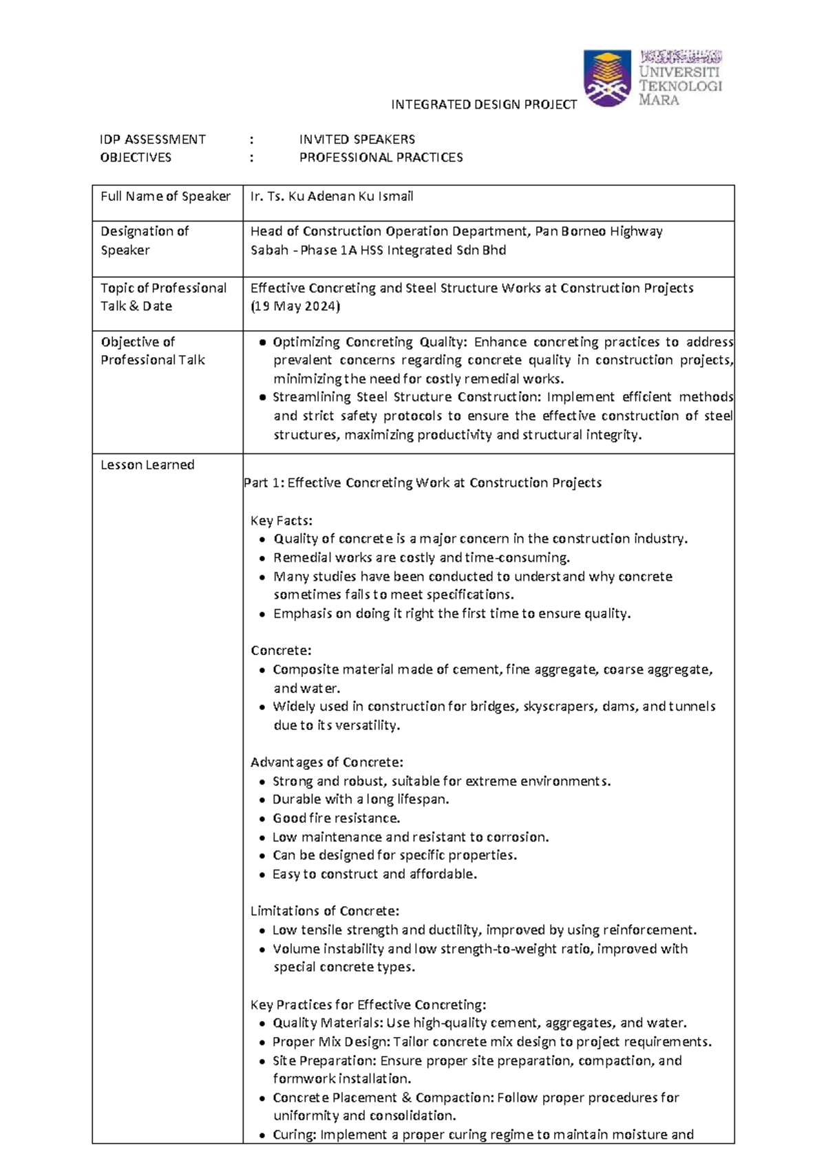 ECC 584 Professional Talk - INTEGRATED DESIGN PROJECT IDP ASSESSMENT ...