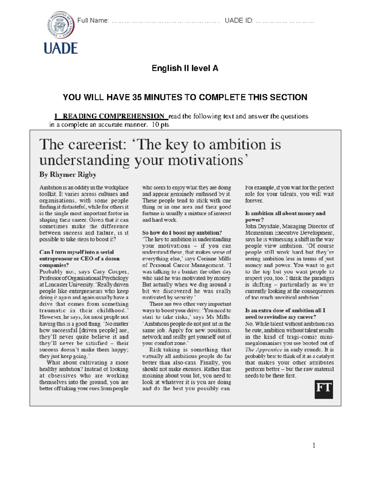 Reading- Comprehension USE OF English Section 1 - 1 Full Name: - Studocu