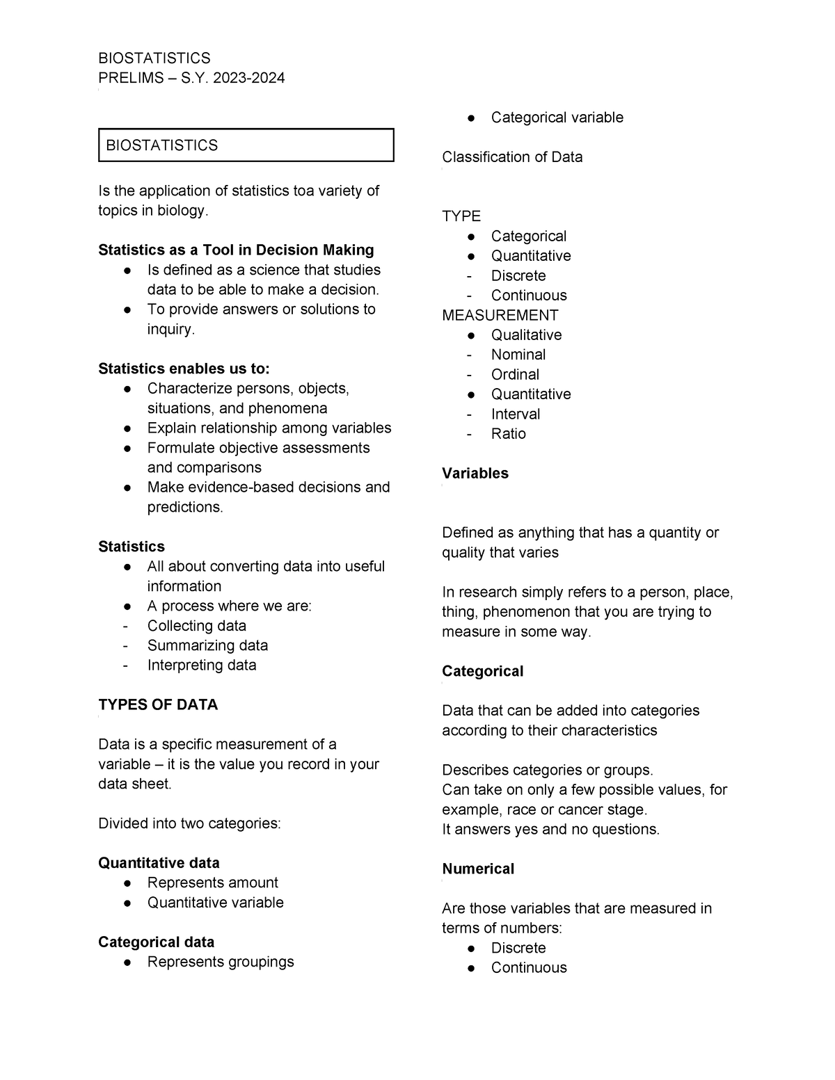 Biostatistics-Prelim - PRELIMS – S. 2023- BIOSTATISTICS Is the ...