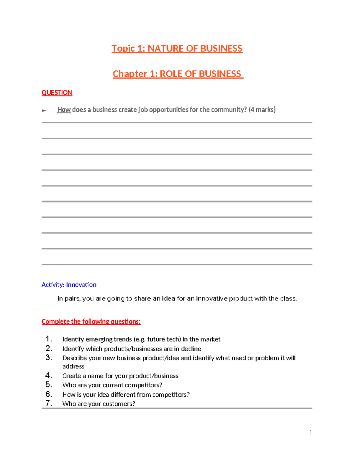 Chapter 1 student booklet - Topic 1: NATURE OF BUSINESS Chapter 1: ROLE ...