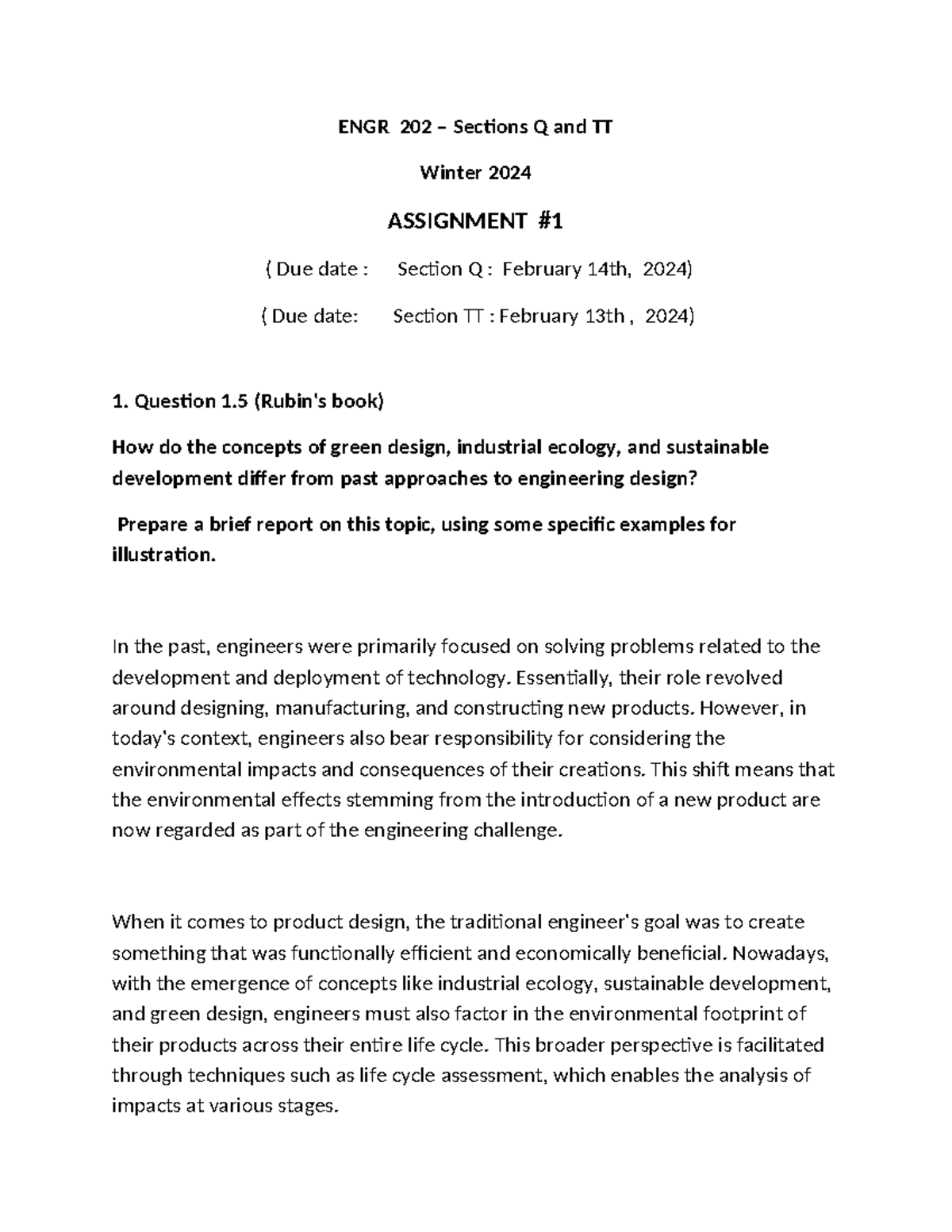 Ass. Number 1 ENGR 202 Winter 2024 - ENGR 202 – Sections Q and TT ...