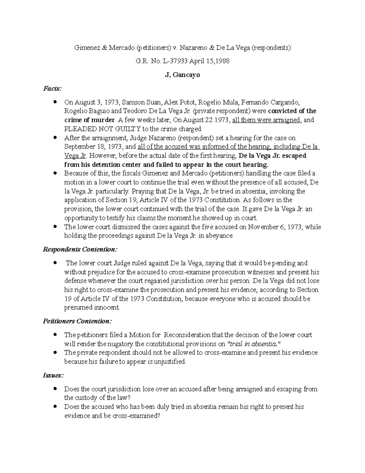 2 - Case Digest - Gimenez & Mercado (petitioners) v. Nazareno & De La ...