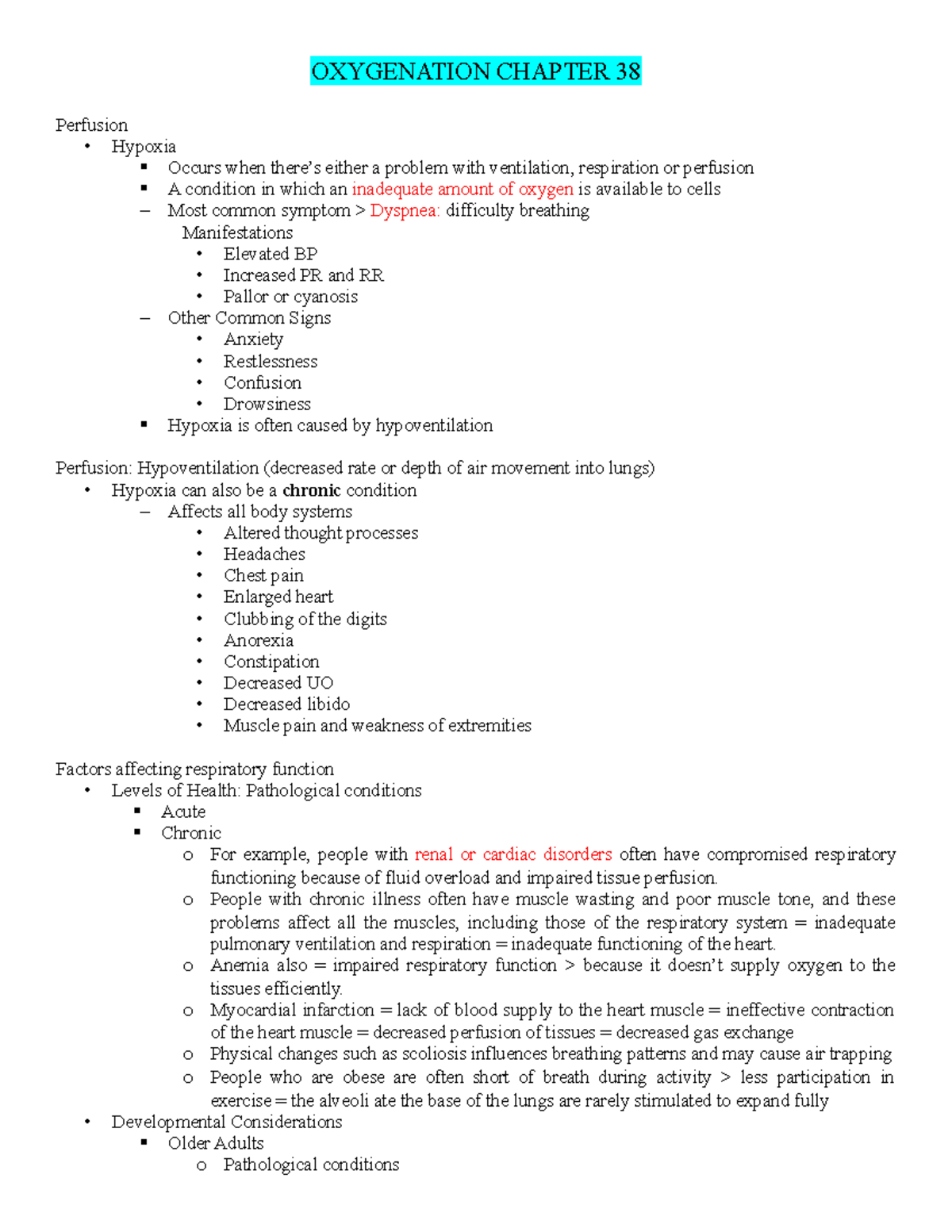 5 Ch 38 Oxygenation Summary Fundamentals Of Nursing The Art And Science Of Nursing Care Oxygenation Chapter 38 Perfusion Hypoxia Occurs When Either Problem Studocu