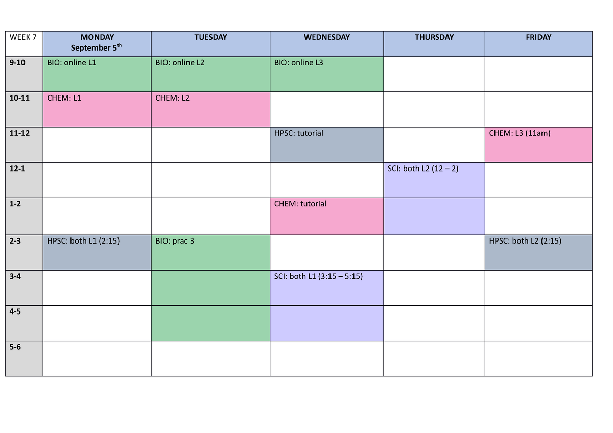 Timetable plan - Organisation - WEEK 7 September 5MONDAYth TUESDAY ...