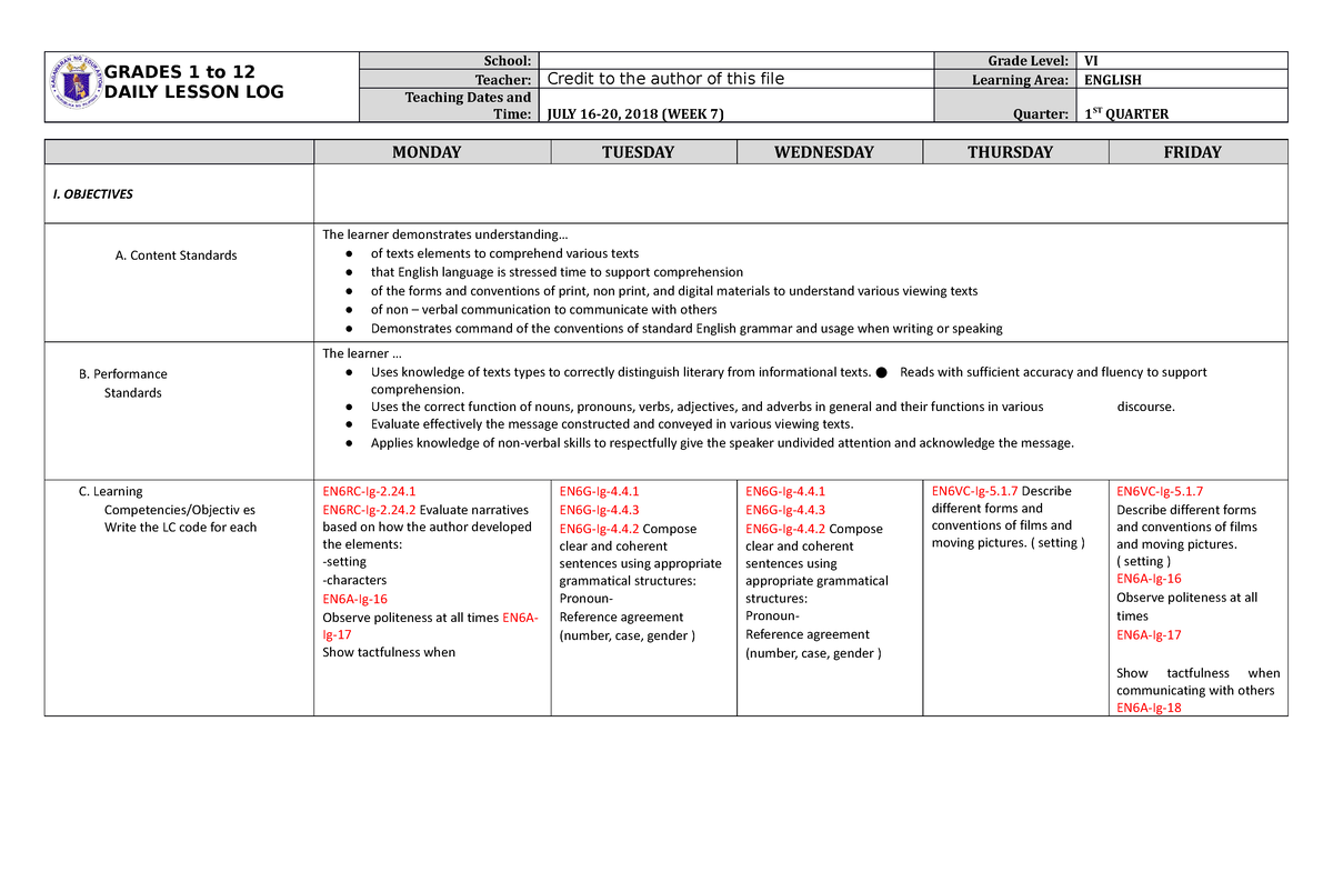 DLL English 6 Q1 W7 - DAILY LESSON LOG - GRADES 1 To 12 DAILY LESSON ...