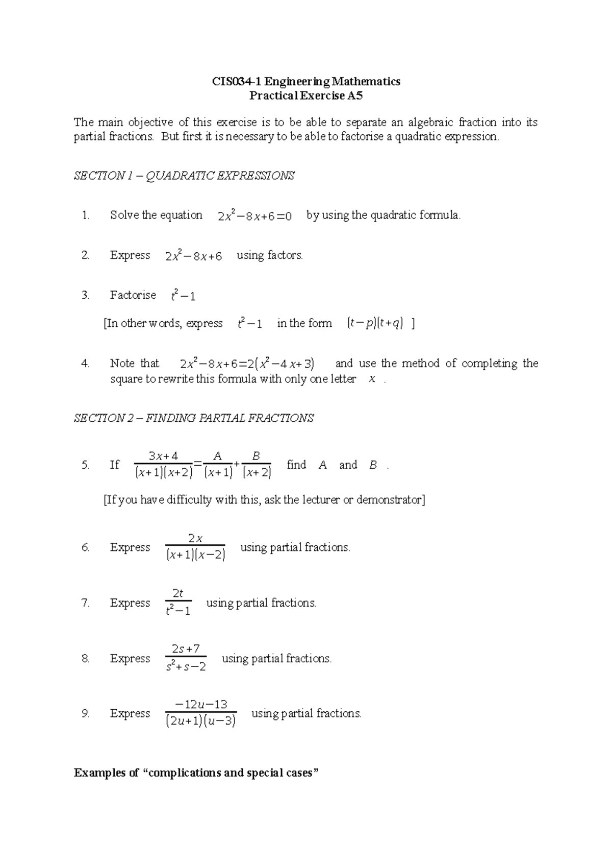 CIS034-1 Practical A5 - CIS034-1 Engineering Mathematics Practical ...