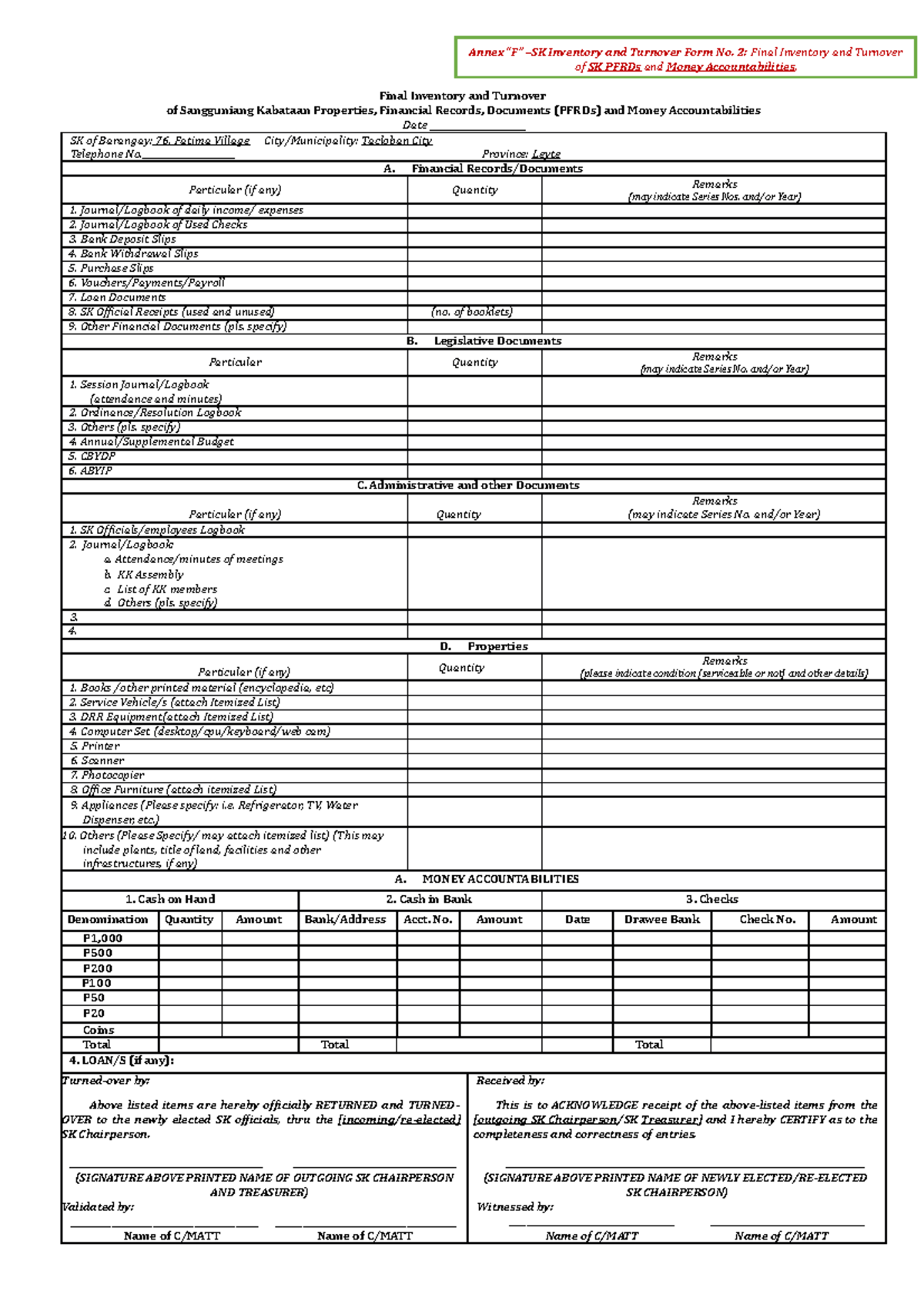 SK Inventory and Turnover Form No 2 Final Inventory and Turnover of SK ...