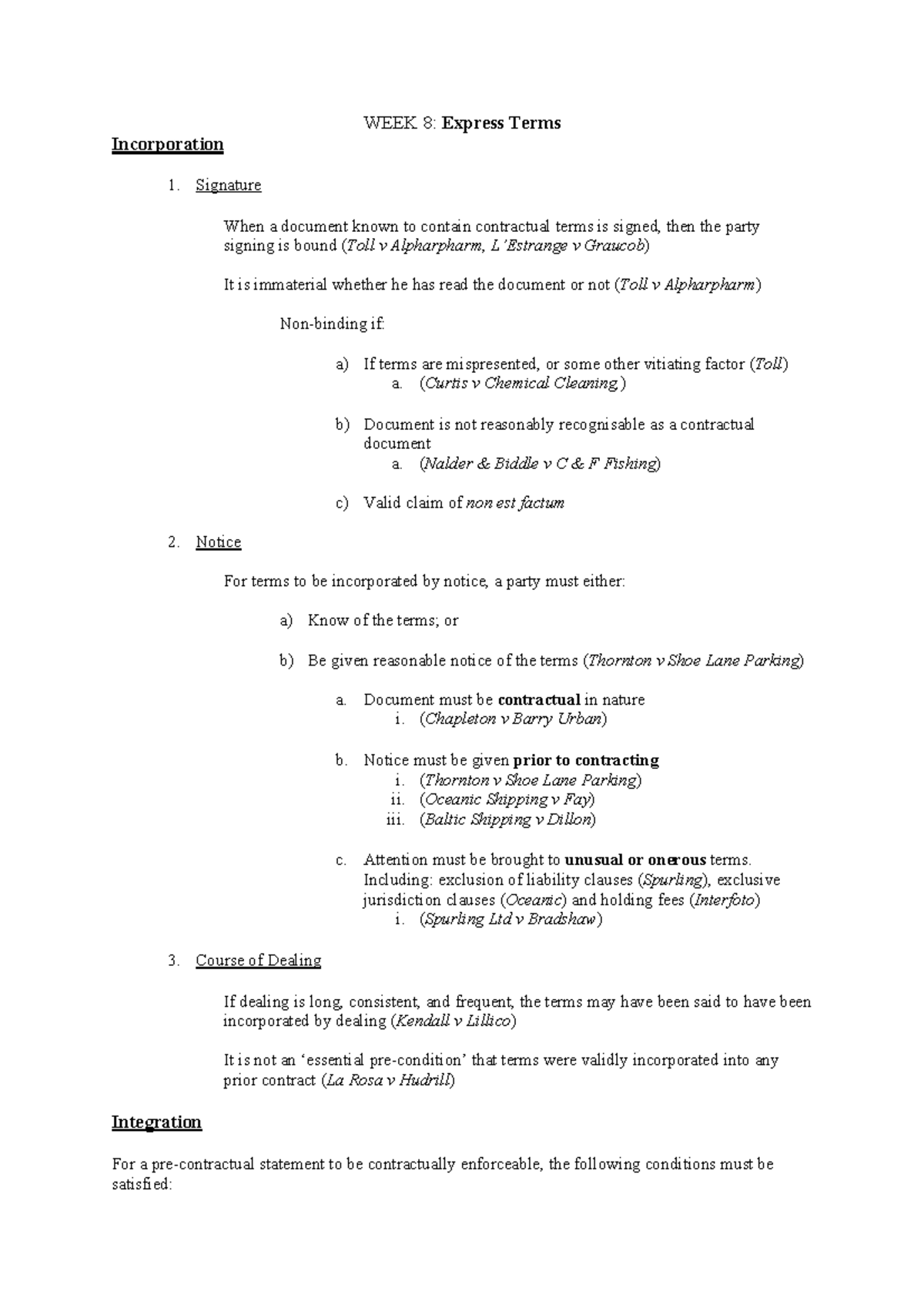 Sample notes - own summaries - WEEK 8: Express Terms Incorporation ...