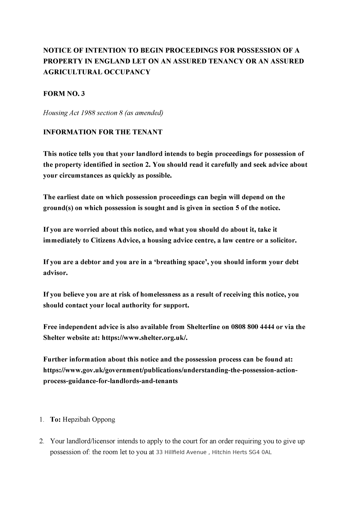 Notice OF Intention TO Begin Proceedings FOR Possession OF A Property ...