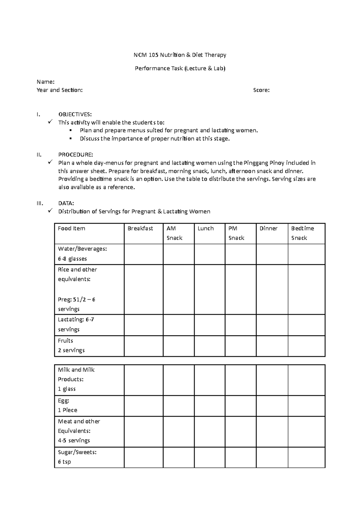 Nutri PETA - performance task for lec and lab - NCM 105 Nutrition ...