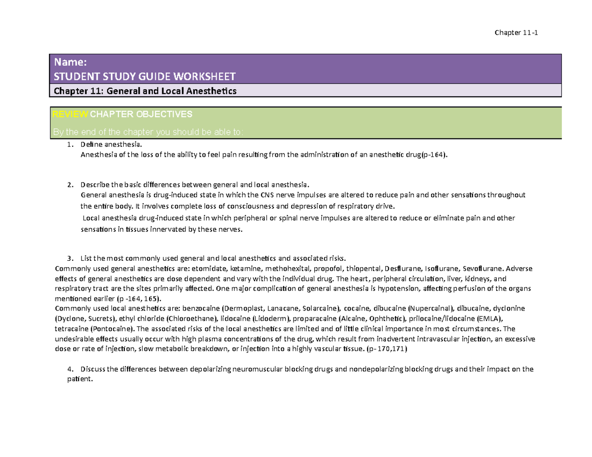 Chapter 11 Study Guide Student - Name: STUDENT STUDY GUIDE WORKSHEET ...