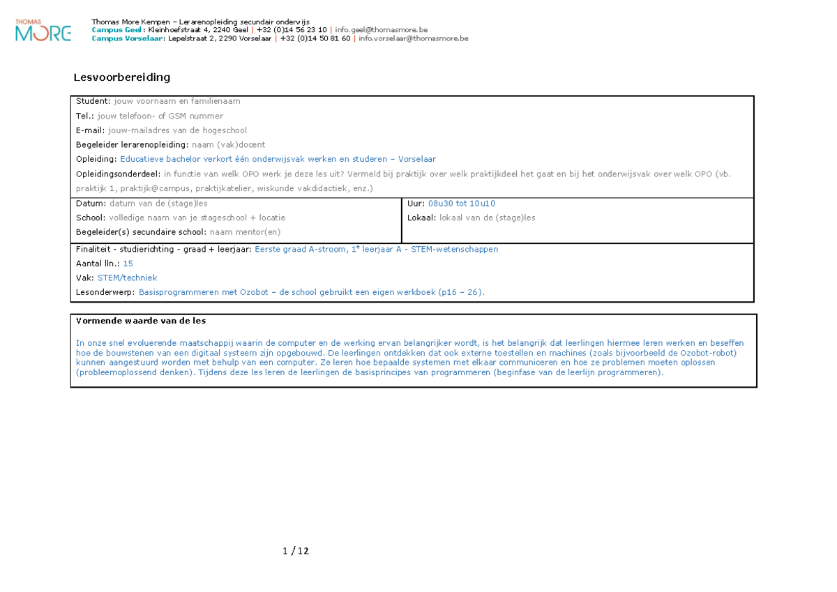 Lesvoorbereiding secundair onderwijs STEMtechniek Voorbeeld  Thomas