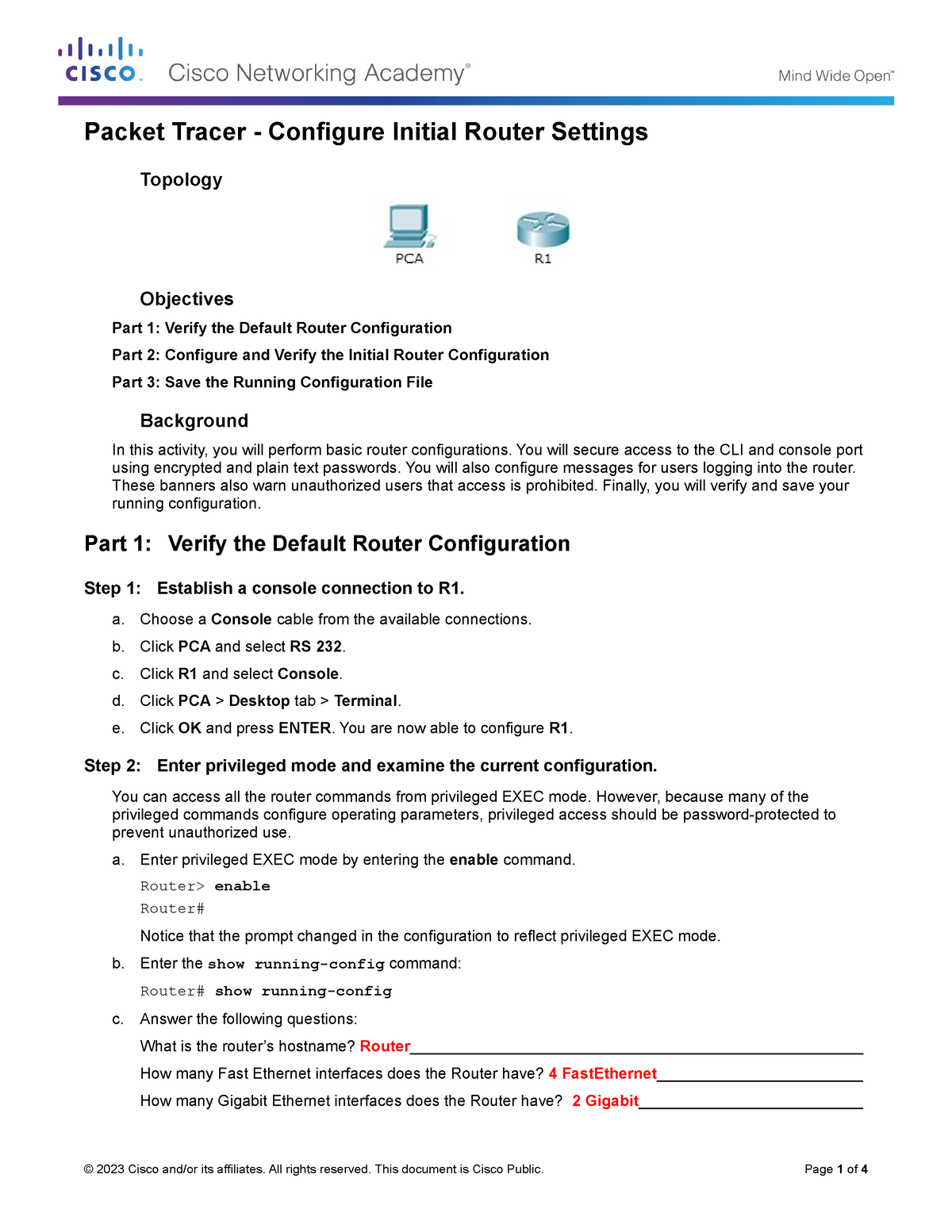 6.4.1.3 Packet Tracer - Configure Initial Router Settings - Topology ...