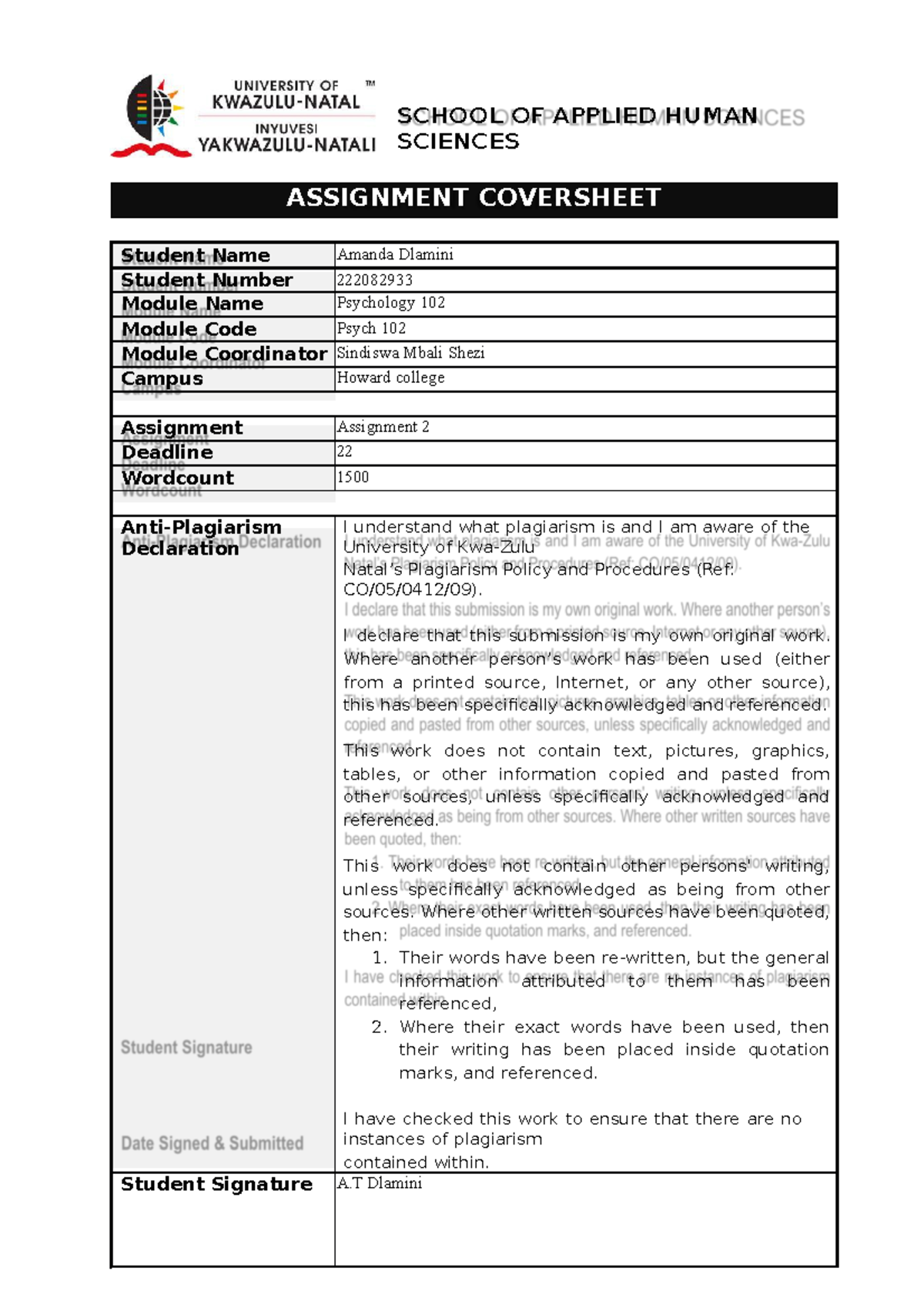 Assignment 2 - assignemt 101 in psych - ASSIGNMENT COVERSHEET SCHOOL OF ...