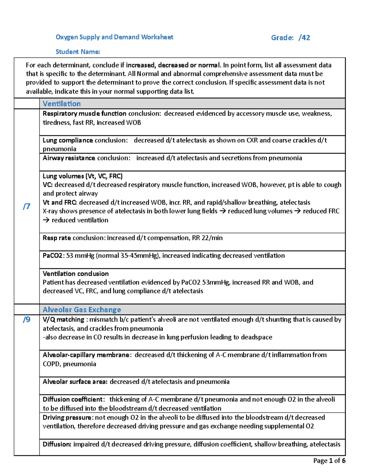 O2SD - asdf - Oxygen Supply and Demand Worksheet Student Name: For each ...