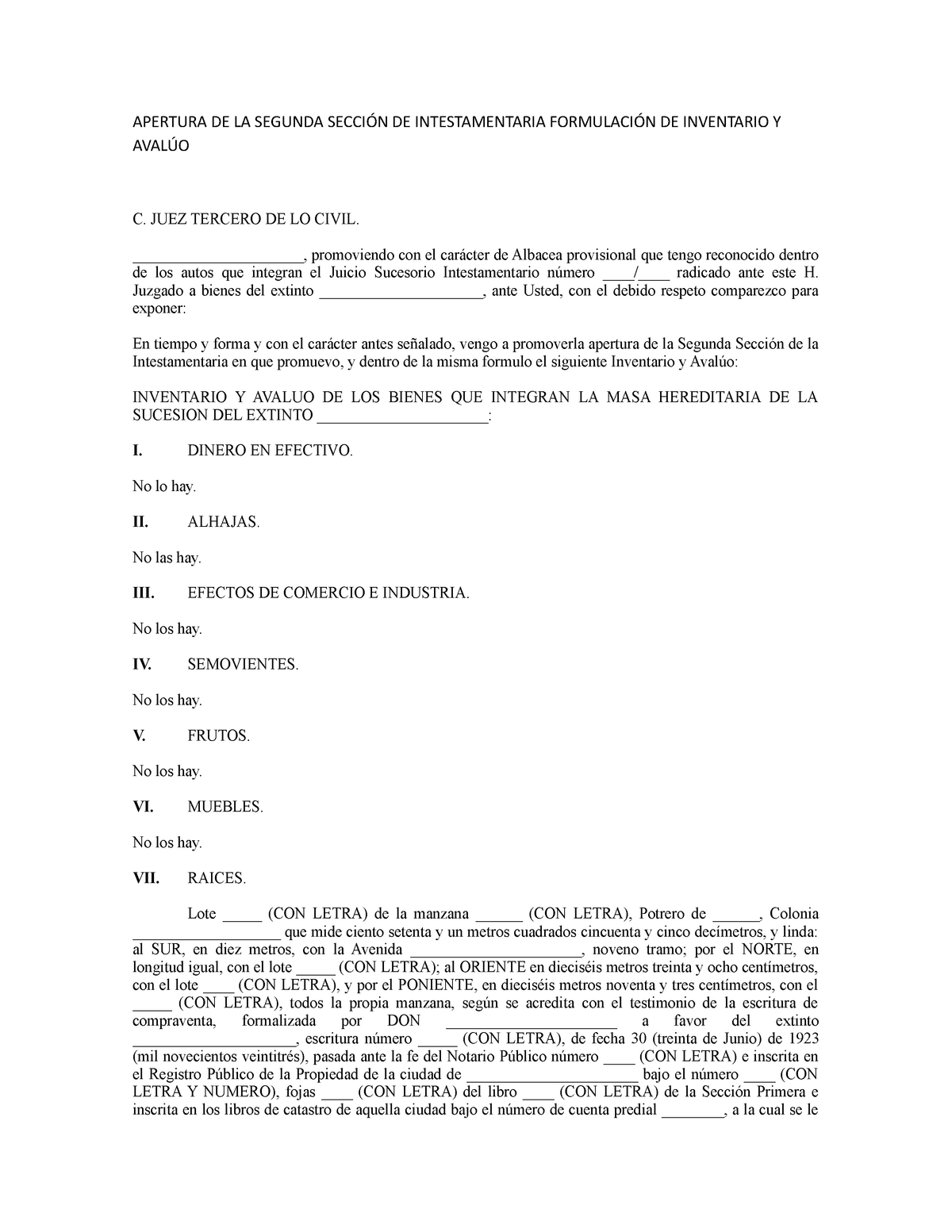 Apertura De La Segunda Sección De Intestamentaria Formulación De Inventario Y Avalúo Apertura 3557