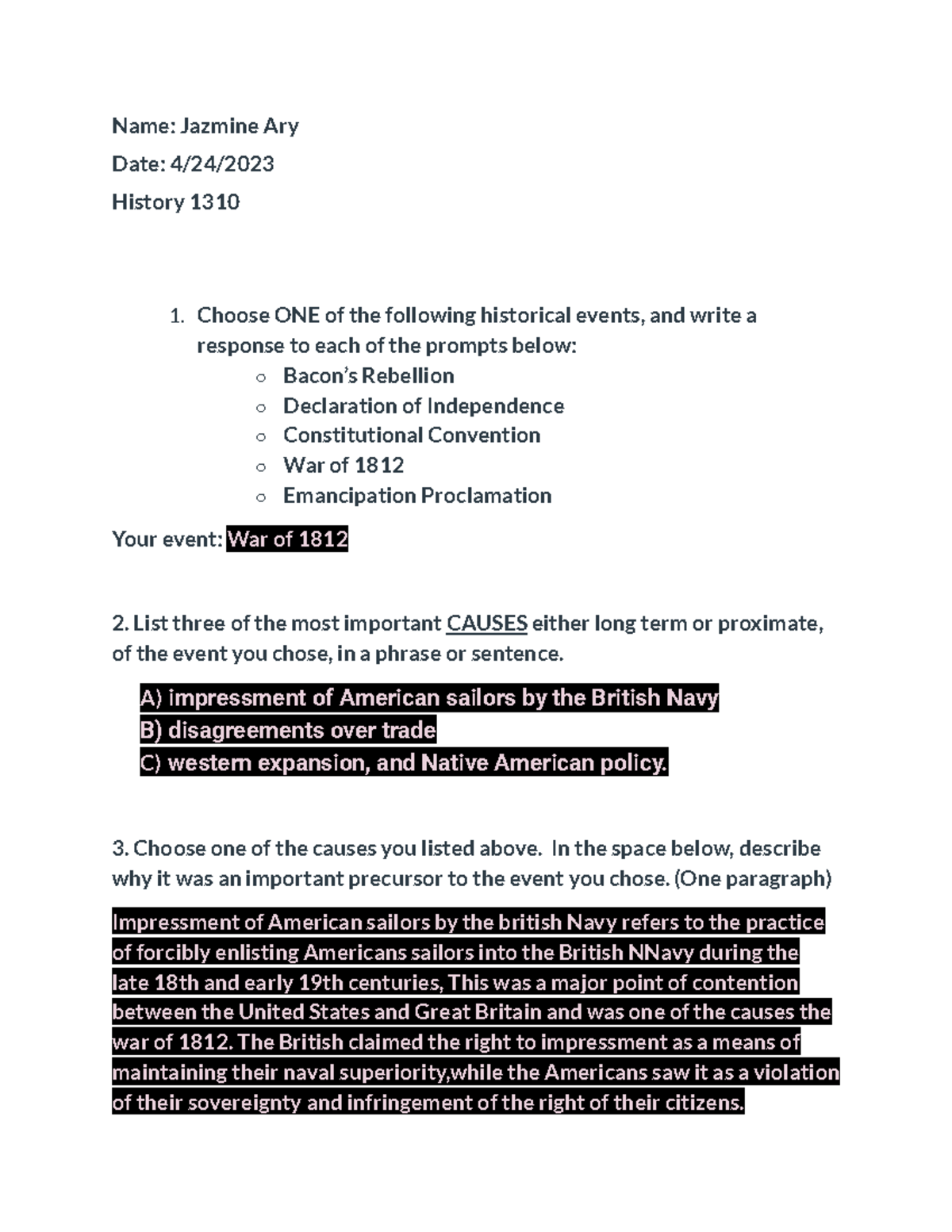 History 1310 dicussion assignment - Name: Jazmine Ary Date: 4/24 ...