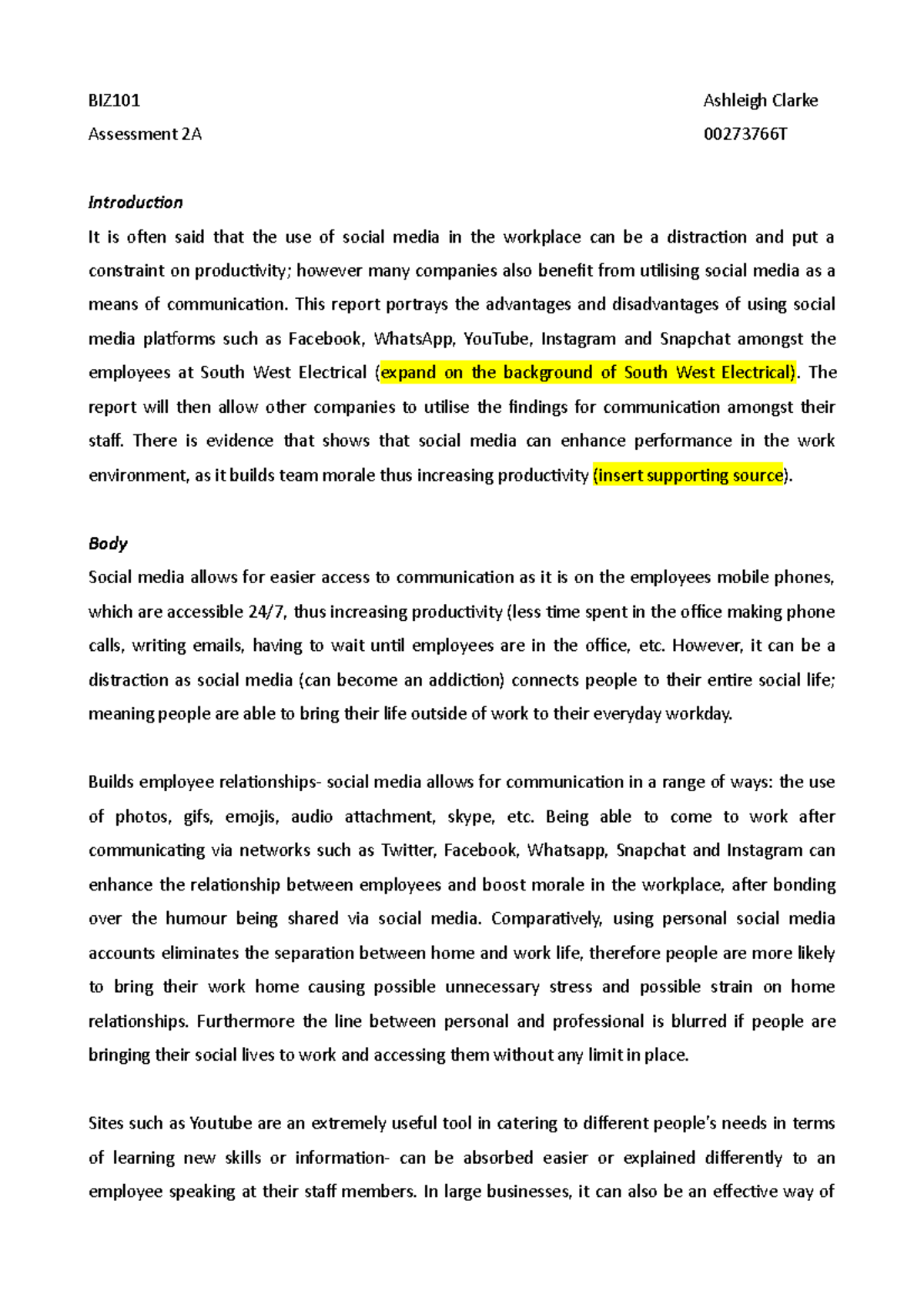 Assessment 2A: The role and effect of social media in the workplace ...