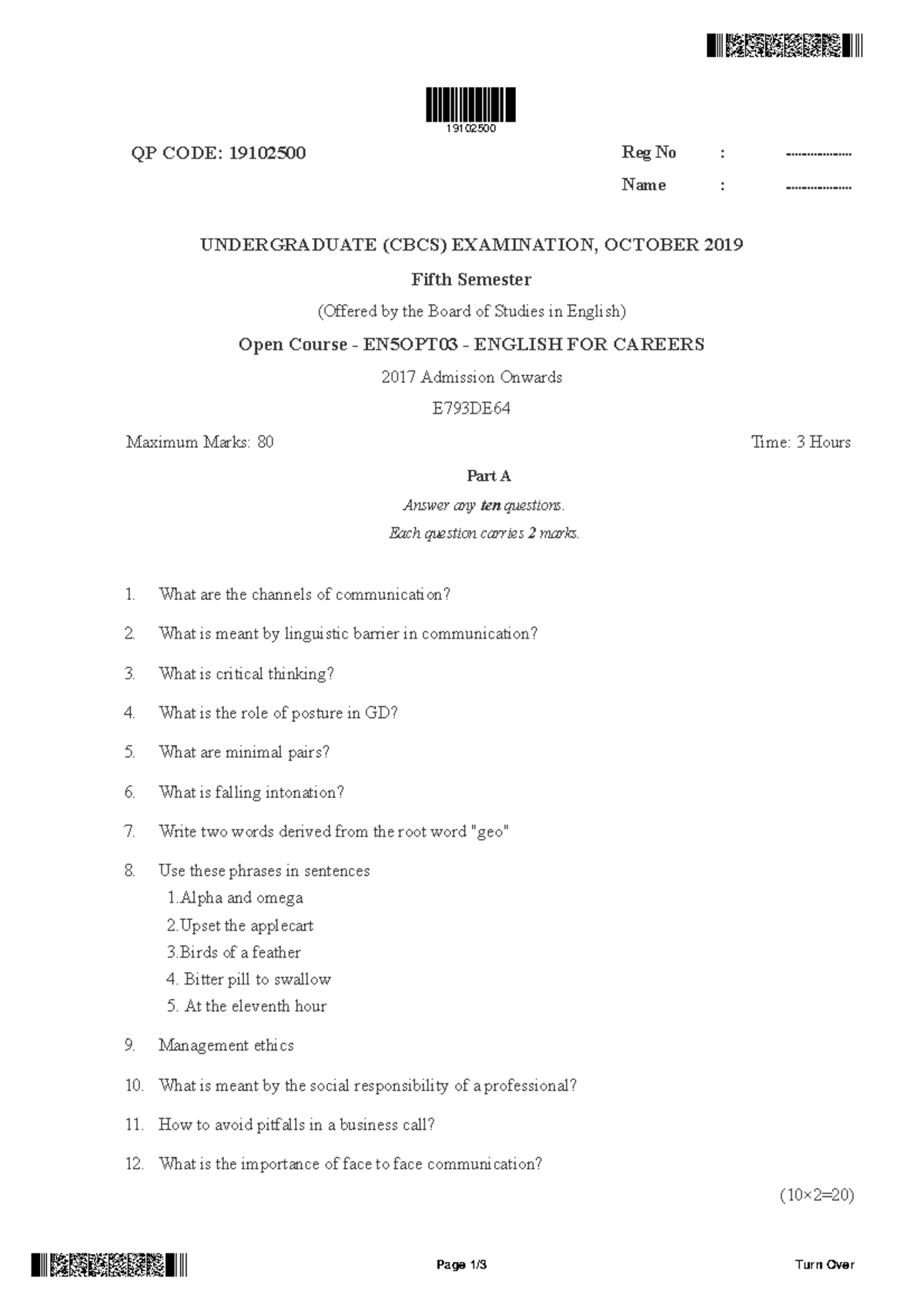 English FOR Careers QP yes QP CODE 19102500 Reg No