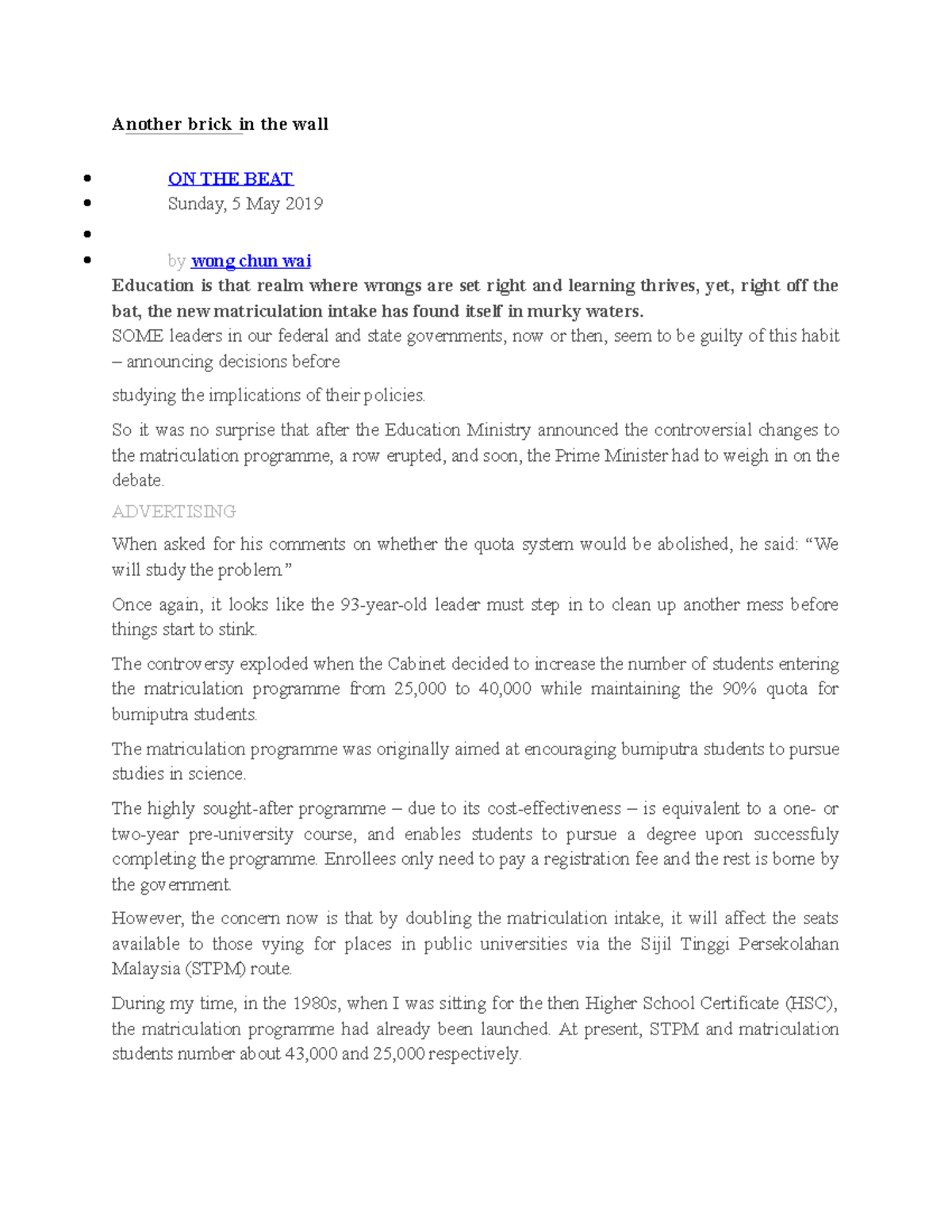 1 Another brick in the wall Another brick in the wall ON THE BEAT