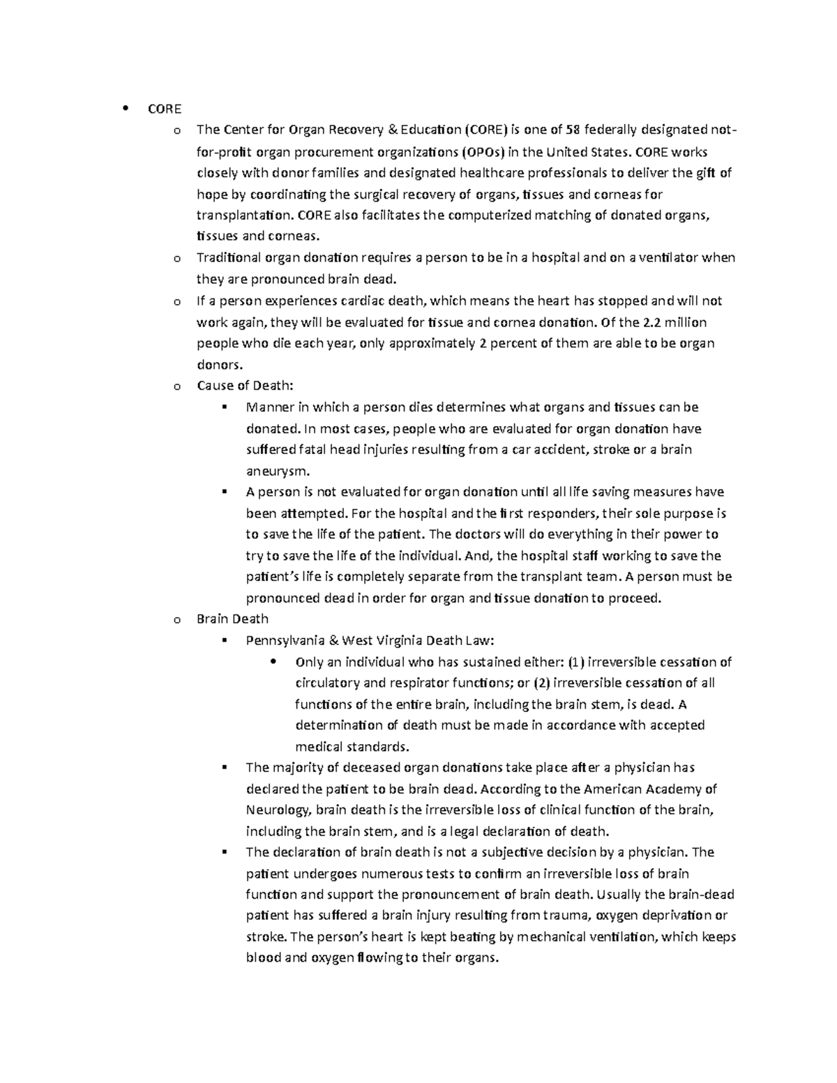 CORE notes CORE o The Center for Organ Recovery & Education (CORE