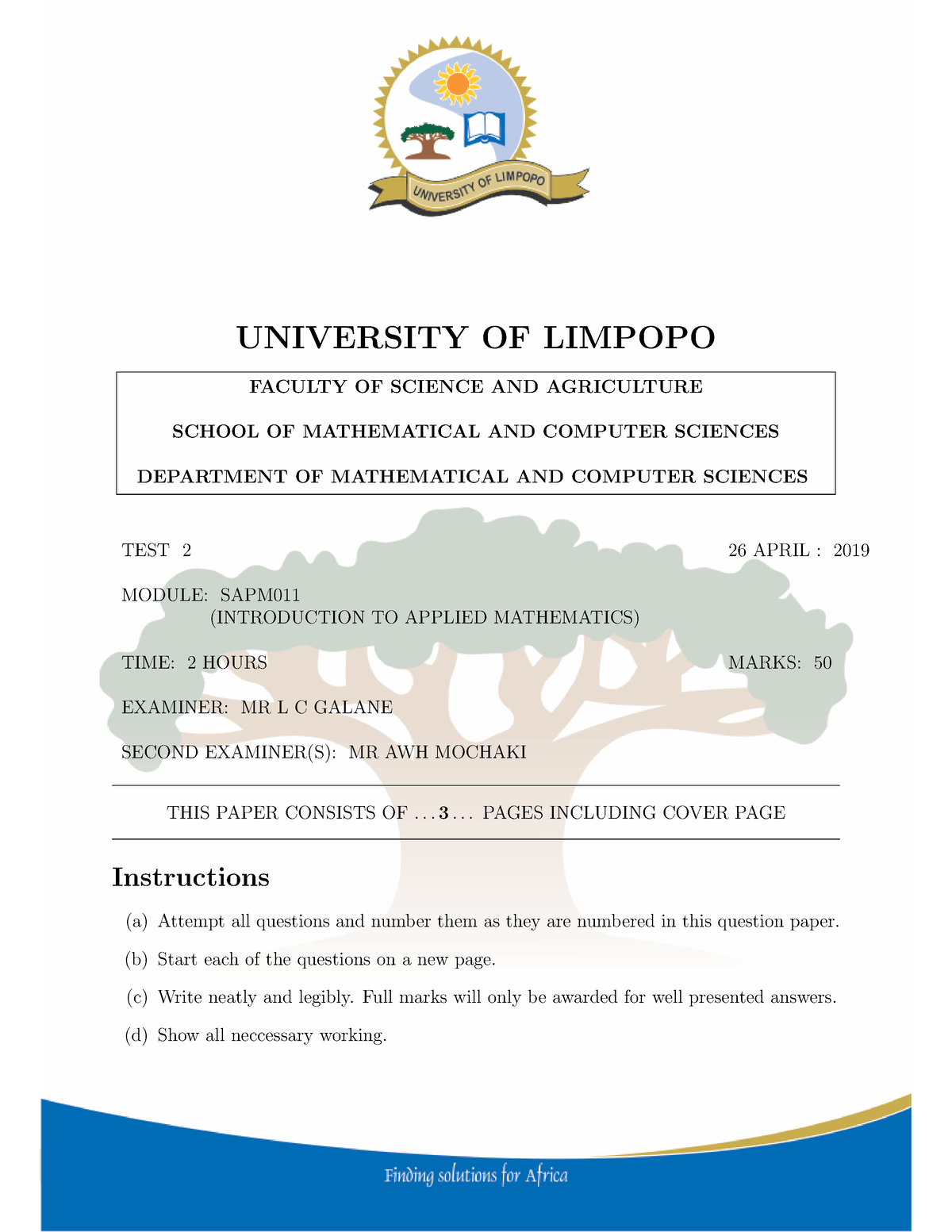 SAPM011 2019 Test2 - UNIVERSITY OF LIMPOPO FACULTY OF SCIENCE AND ...