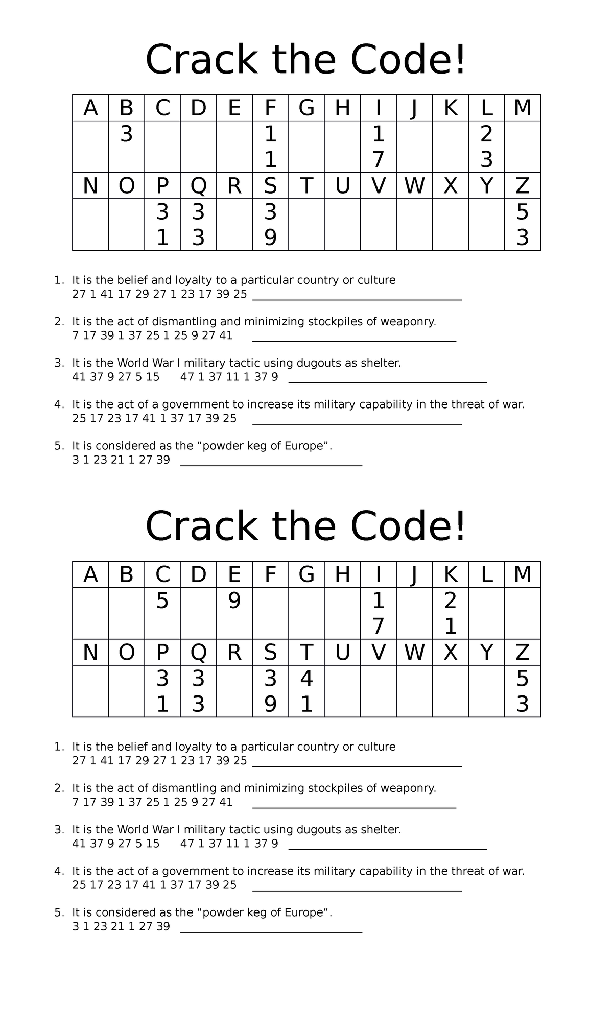 Crack the Code Activity - Crack the Code! A B C D E F G H I J K L M 3 1 ...