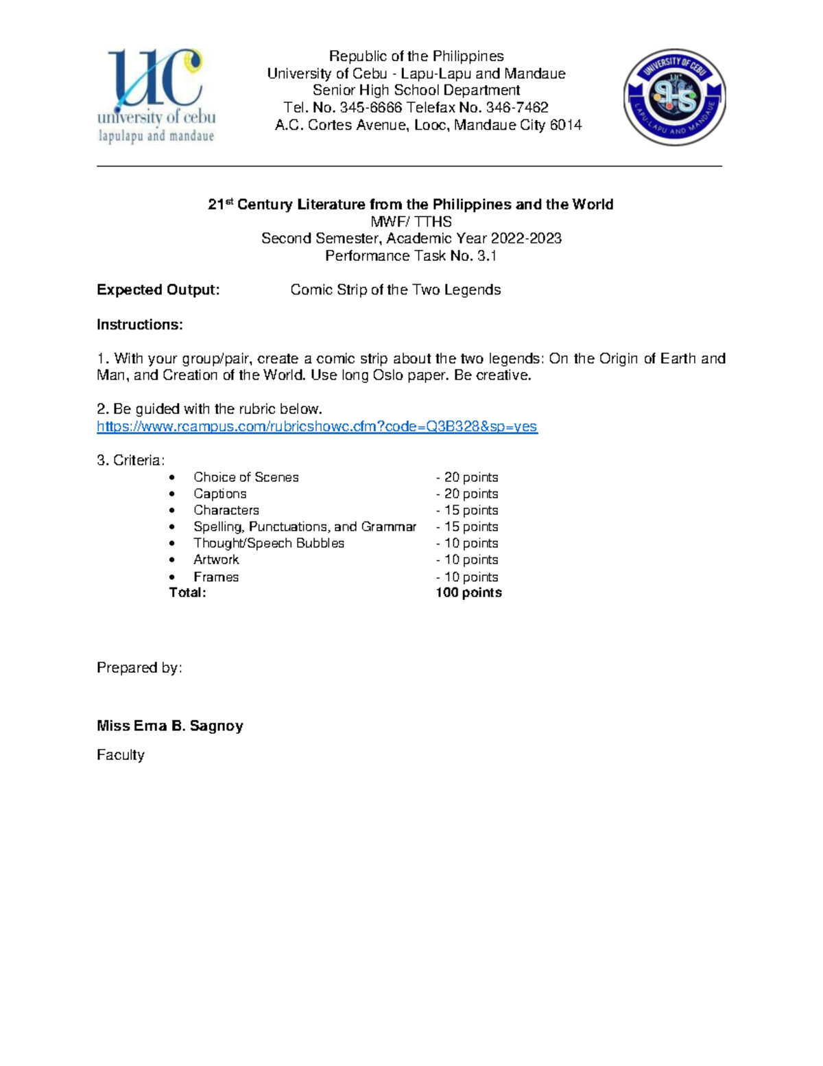 Performance TASK 1 Comic Script - Republic of the Philippines ...