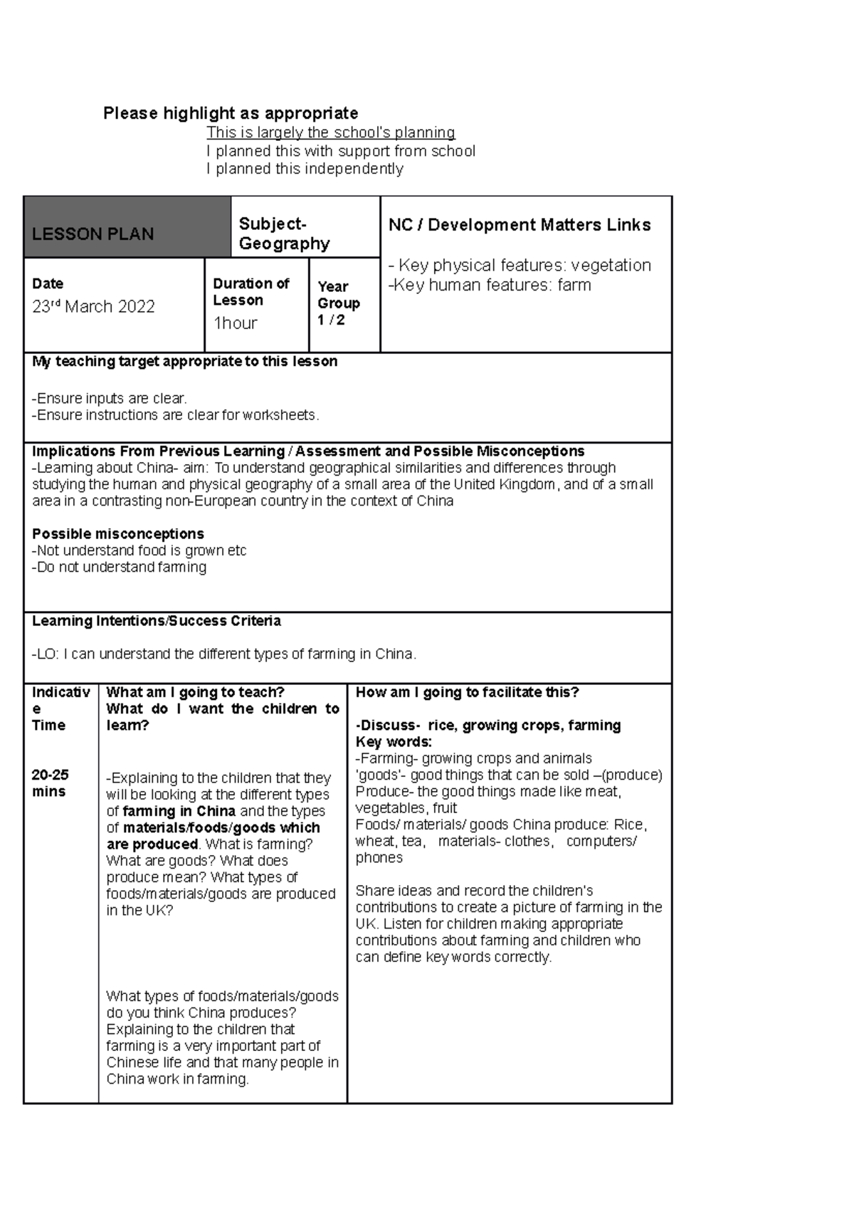 Geography lesson plan 23rd china Please highlight as appropriate