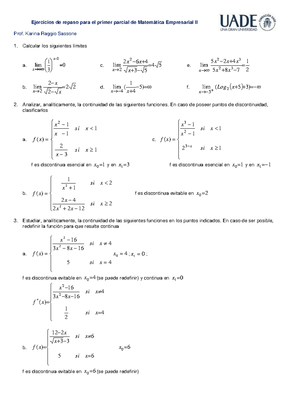 Ejercicios de repaso para el primer parcial de Matematica Empresarial ...