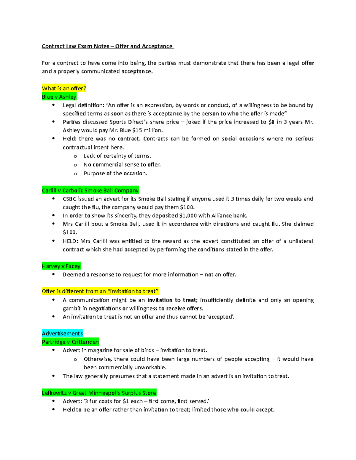 Contract Law Exam Notes - Offer and Acceptance - What is an offer? Blue ...