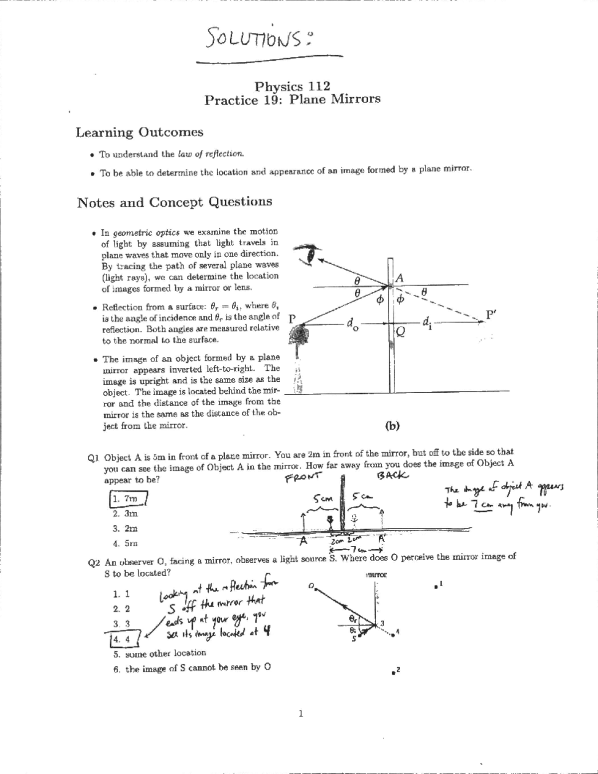 Plane Mirrors Practice - PHY 112 - Studocu