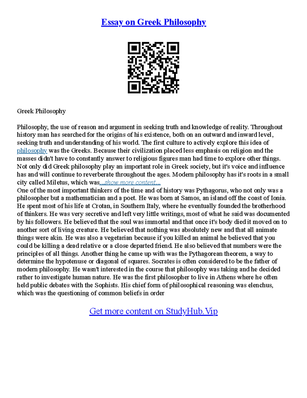 Essay On Philosophy - Essay on Greek Philosophy Greek Philosophy ...